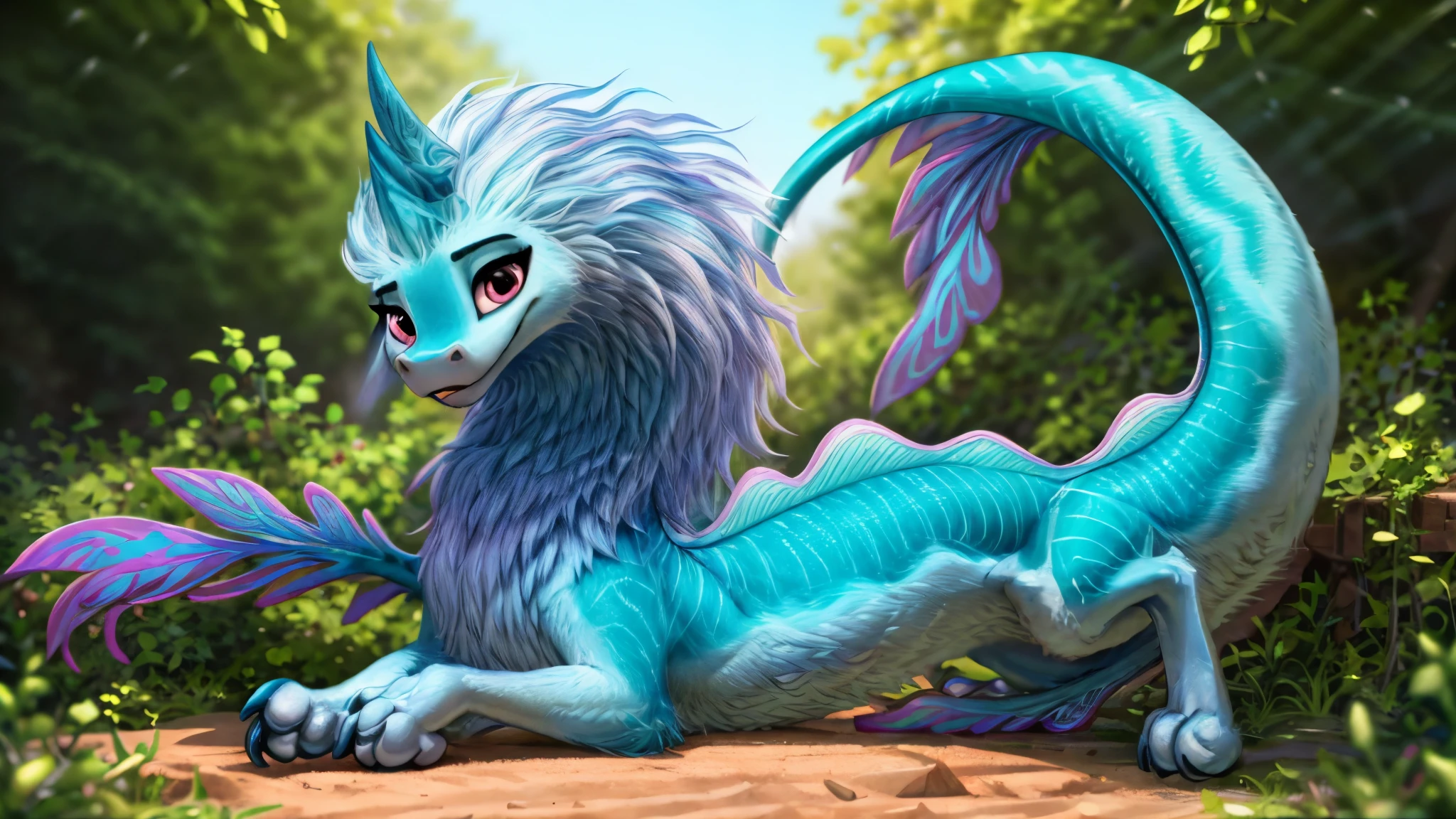 sisu, dragon, furry, ((((feral quadruped)))), masterpiece, best quality, High-resolution, super high resolution, 4k RAW, female, long hair, cyan skin, long body, light blue mane, long body, full body, perfect lighting, long tail, detailed extremely, masterpiece, detailed fur, detailed shading, beautiful render art, perfect detailed face, detailed tabs, two horns, long hip, looking at the viewer, beautiful eyes, FEMALE, perfect body, perfect lighting, (((4 toes))), black claws, solo,(ultra detailed), eyeliner, perfect detailed eyes, front portrait, detailed nose dragon, (defined legs muscles), (((beautiful feet))),  (((beautiful hadns))), ((((all four legs are visible)))), the four legs are excellently drawn excellently detailed and without deformations or mutations, detailed nose dragon, simple background, standing, detailed face, solo , full body portrait, beautiful eyes, cowboy shot, good anatomy, cinematic lighting, blue hair, perfect illustration, very long hair, realistic proportions, good anatomy, clearly draw eyes, detailed eyes, datiled pupiles, long lashes, detailed lashes, detailed face, detailes hair, beautiful hair, beautiful face, eyeliner, beautiful body, perfect body, good body anatomy, beautiful, beautiful feet, professional art, ultra detailed, perfect lighting, rounded eyes, perfect eyes, white background, extremely detailed beautiful eyes, eye pupil, beautiful eyelashes, realistic eyes, perfect body, perfect face, female focus, from front, looking away, distracted,