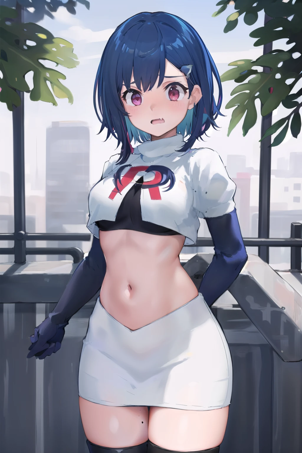 (masterpiece), (best quality),  1girl, solo, fang, blue hair, skin fang, short hair, hair behind ear, purple eyes, team rocket,team rocket uniform,white skirt,red letter R,crop top,black thigh-highs,black elbow gloves, hair ornament, medium breasts, mole on thigh, outdoors, blush, embarrassed, cowboy shot