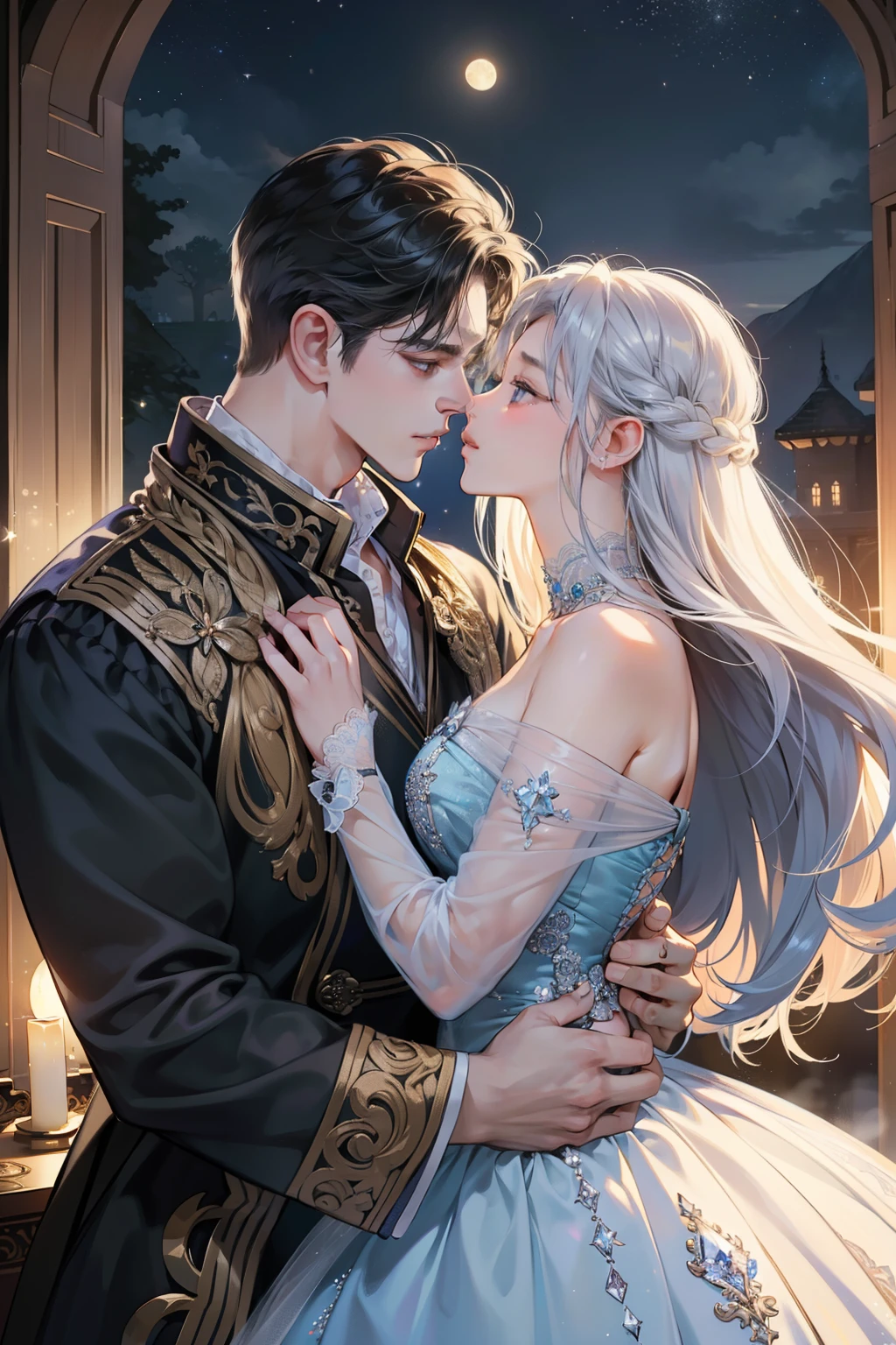 (Ultra-detailed, romantic, high-resolution, best quality, glowing ambiance)
(A masterpiece, 1.4, Moonlit backdrop)
(Shimmering dress, sparkling sequins, intricately designed, detailed lace, breathtaking)
(By his side, a handsome boy, both under the soft glow of the moon)
(Embracing each other, their eyes locked in a passionate gaze)
(Pressing their lips together, a kiss filled with love and longing)
(A magical moment, frozen in time, encapsulating the essence of romance)
(BREAK, Night landscape, twinkling stars, silhou