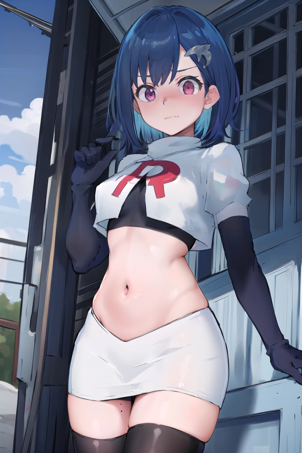 (masterpiece), (best quality),  1girl, solo, fang, blue hair, skin fang, short hair, hair behind ear, purple eyes, team rocket,team rocket uniform,white skirt,red letter R,crop top,black thigh-highs,black elbow gloves, hair ornament, medium breasts, mole on thigh, outdoors, blush, embarrassed, cowboy shot