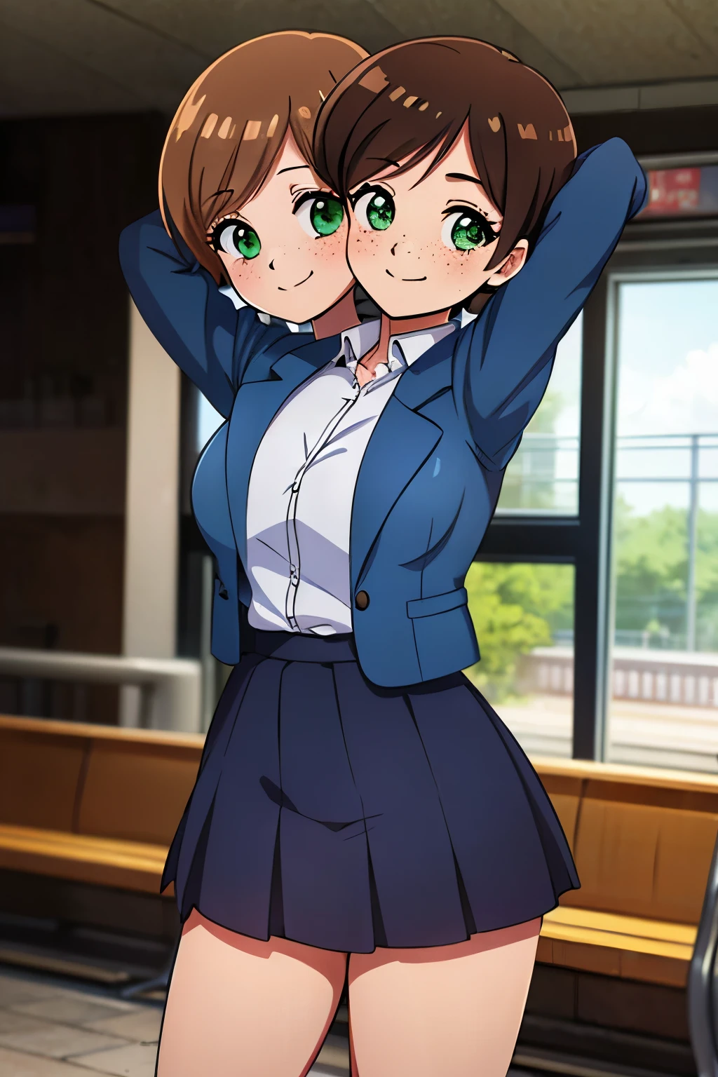 (masterpiece),(ultra-detailed), (high quality), (high resolution), (best quality:1.5, highres, UHD), highres, absurdo, ultra detail, ultra quality, Ultra resolution, 16k, ((2heads:1.5)), 1girl, ((anime girl with two heads)), (brown hair)  black blouse with blue jacket and a mini skirt with pleats, fingerless black gloves, suede shoes, freckles, gentle smile, tomboy, cowboy shot, railway station, green eyes