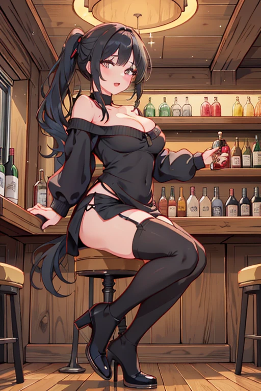 (from below:1.2),(from side:0.9), ((Face)), (Close-Up:0.4), masterpiece,"A 26-year-old girl stands at a bar counter. She is dressed in a stylish off-shoulder dress, sweater dress, off-shoulder sweater, red sweater,garter stocking, cleavage:1.1, midriff, black shorts, black thighhighs, thigh strap, pretty girl, (highly detailed beautiful face and eyes,firm breasts),real skin,((black,hair,long pony tail hair)),thin pubic hair,cute and lovely pose, detailed eyes, This masterpiece is only visually stunning but also tells,(double breasted:0.6,under bust:0.6),(with sparkling eyes and a contagious smile),open mouth. The bar is beautiful, with colorful bottles of alcohol in the background and a soft glow from neon lights. The atmosphere is relaxed, and the girl looks confident and fashionable.",full body, sexy pose,make a cocktail , in a bar counter, Looking at Viewer,