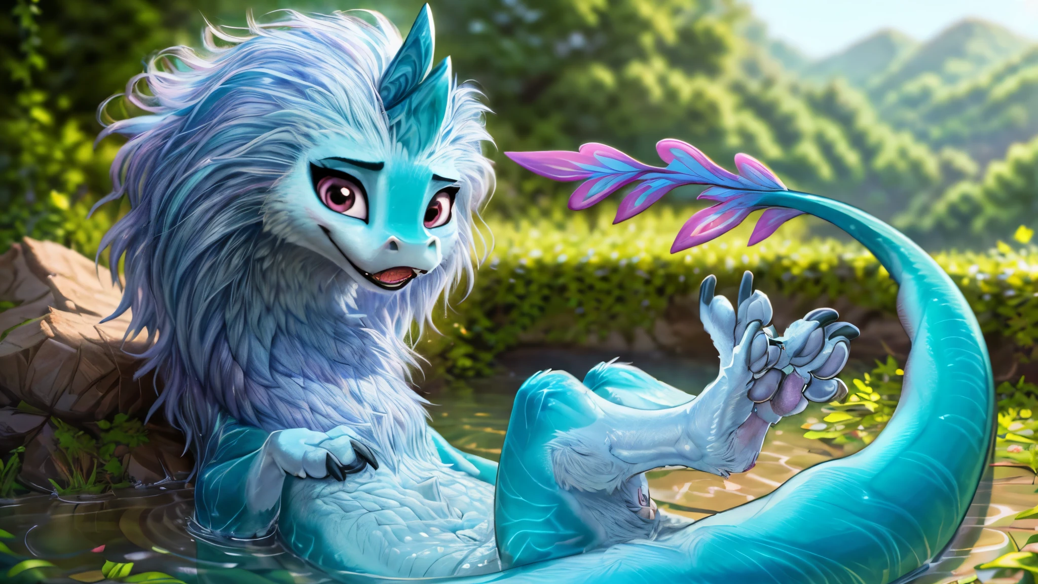 sisu, dragon, furry, ((((feral quadruped)))), masterpiece, best quality, High-resolution, super high resolution, 4k RAW, female, long hair, cyan skin, long body, light blue mane, long body, full body, perfect lighting, long tail, detailed extremely, masterpiece, detailed fur, detailed shading, beautiful render art, perfect detailed face, detailed tabs, two horns, long hip, looking at the viewer, beautiful eyes, FEMALE, perfect body, perfect lighting, (((4 toes))), black claws, solo,(ultra detailed), eyeliner, perfect detailed eyes, front portrait, detailed nose dragon, (defined legs muscles), (((beautiful feet))),  (((beautiful hadns))), ((((all four legs are visible)))), the four legs are excellently drawn excellently detailed and without deformations or mutations, detailed nose dragon, simple background, standing, detailed face, solo , full body portrait, beautiful eyes, cowboy shot, good anatomy, cinematic lighting, blue hair, perfect illustration, very long hair, realistic proportions, good anatomy, clearly draw eyes, detailed eyes, datiled pupiles, long lashes, detailed lashes, detailed face, detailes hair, beautiful hair, beautiful face, eyeliner, beautiful body, perfect body, good body anatomy, beautiful, beautiful feet, professional art, ultra detailed, perfect lighting, rounded eyes, perfect eyes, white background, extremely detailed beautiful eyes, eye pupil, beautiful eyelashes, realistic eyes, perfect body, perfect face, female focus, from front, looking away, distracted,