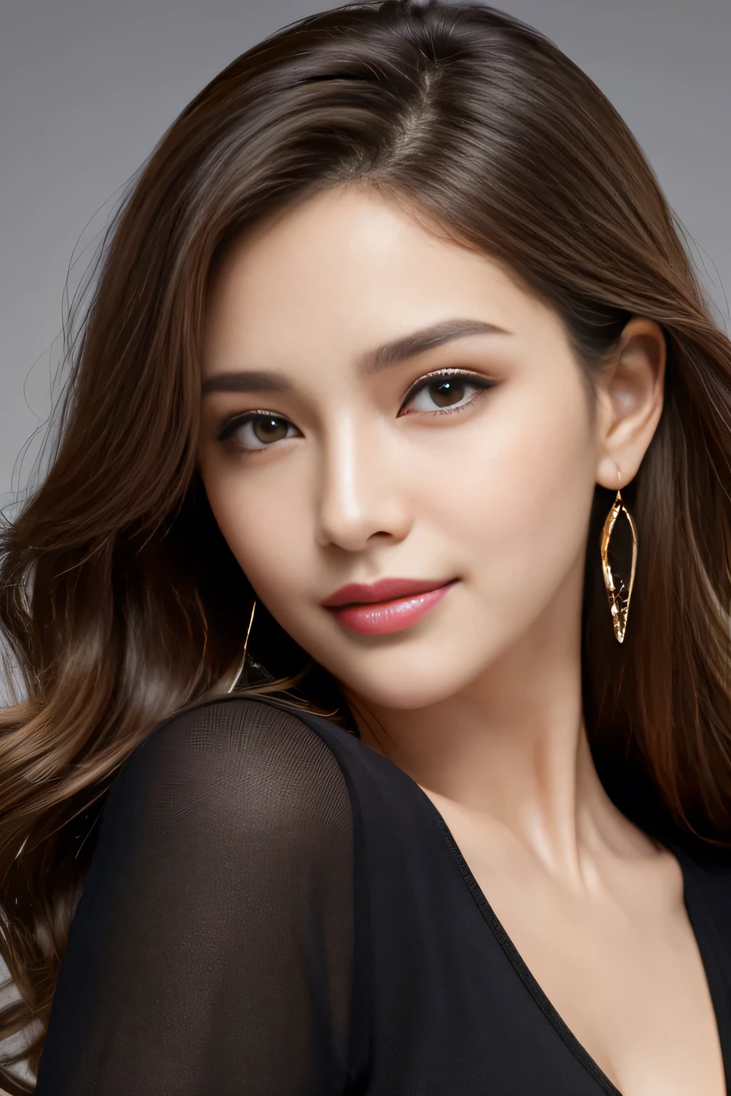 Tabletop, highest quality, Realistic, Very detailed, finely, High resolution, 8k wallpaper, One beautiful woman,, Light brown messy hair, ,Big earrings、He is wearing a black shirt。...., Sharp focus, Perfect dynamic composition, Beautiful and detailed, Thinning hair, Detailed Realistic skin texture, smile, Model Body Type、president'secretary、mini skirt、High heels、whole body、suit、