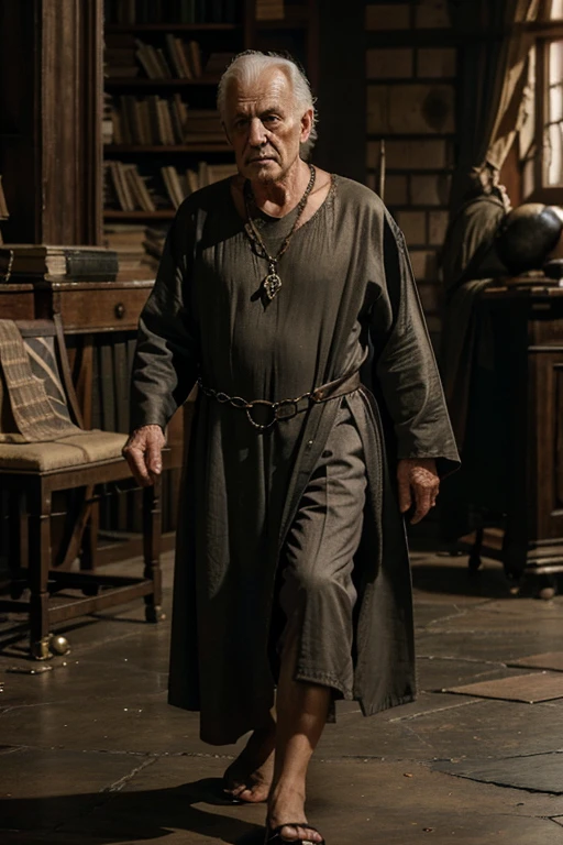 At nearly eighty years old, Cressen is frail with a bad hip, causing him to have trouble walking. The maester has wrinkly, thin skin and trembling hands. He wears a chain of different metals and loose robes. Background a room with lots of books and potions