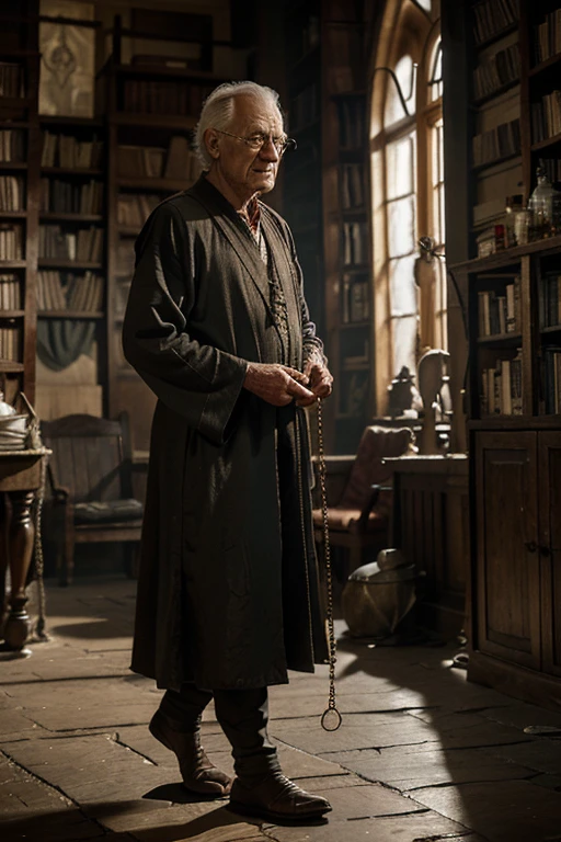 At nearly eighty years old, Cressen is frail with a bad hip, causing him to have trouble walking. The maester has wrinkly, thin skin and trembling hands. He wears a chain of different metals and loose robes. Background a room with lots of books and potions