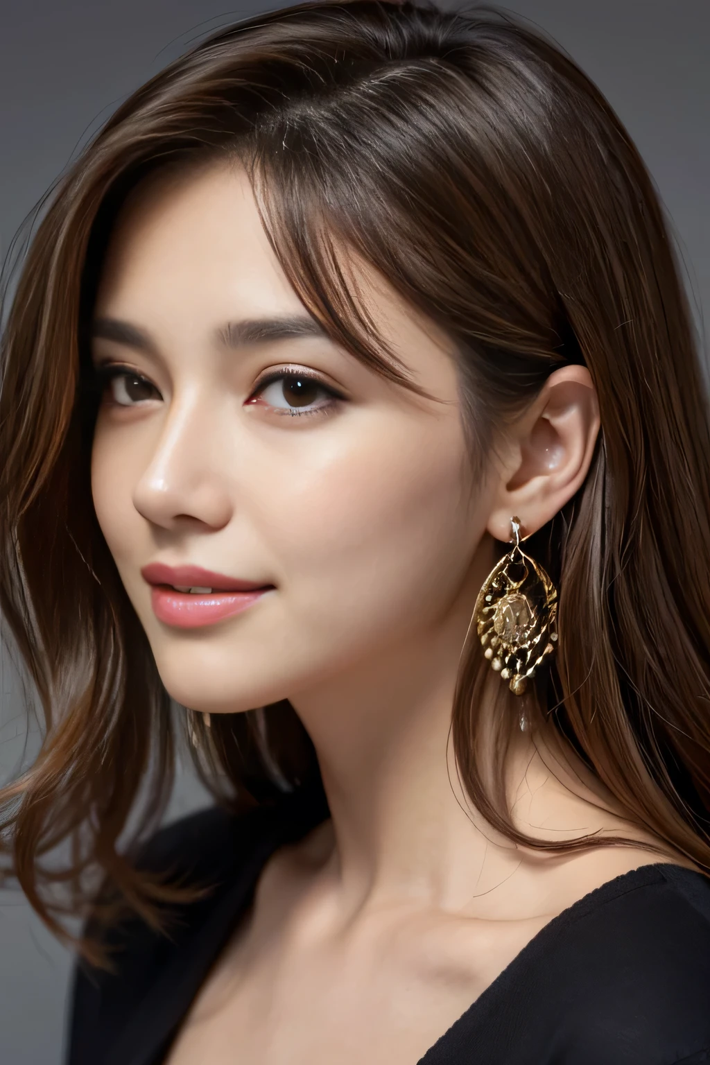Tabletop, highest quality, Realistic, Very detailed, finely, High resolution, 8k wallpaper, One beautiful woman,, Light brown messy hair, ,Big earrings、He is wearing a black shirt。...., Sharp focus, Perfect dynamic composition, Beautiful and detailed, Thinning hair, Detailed Realistic skin texture, smile, Model Body Type、president'secretary、mini skirt、High heels、whole body、suit、