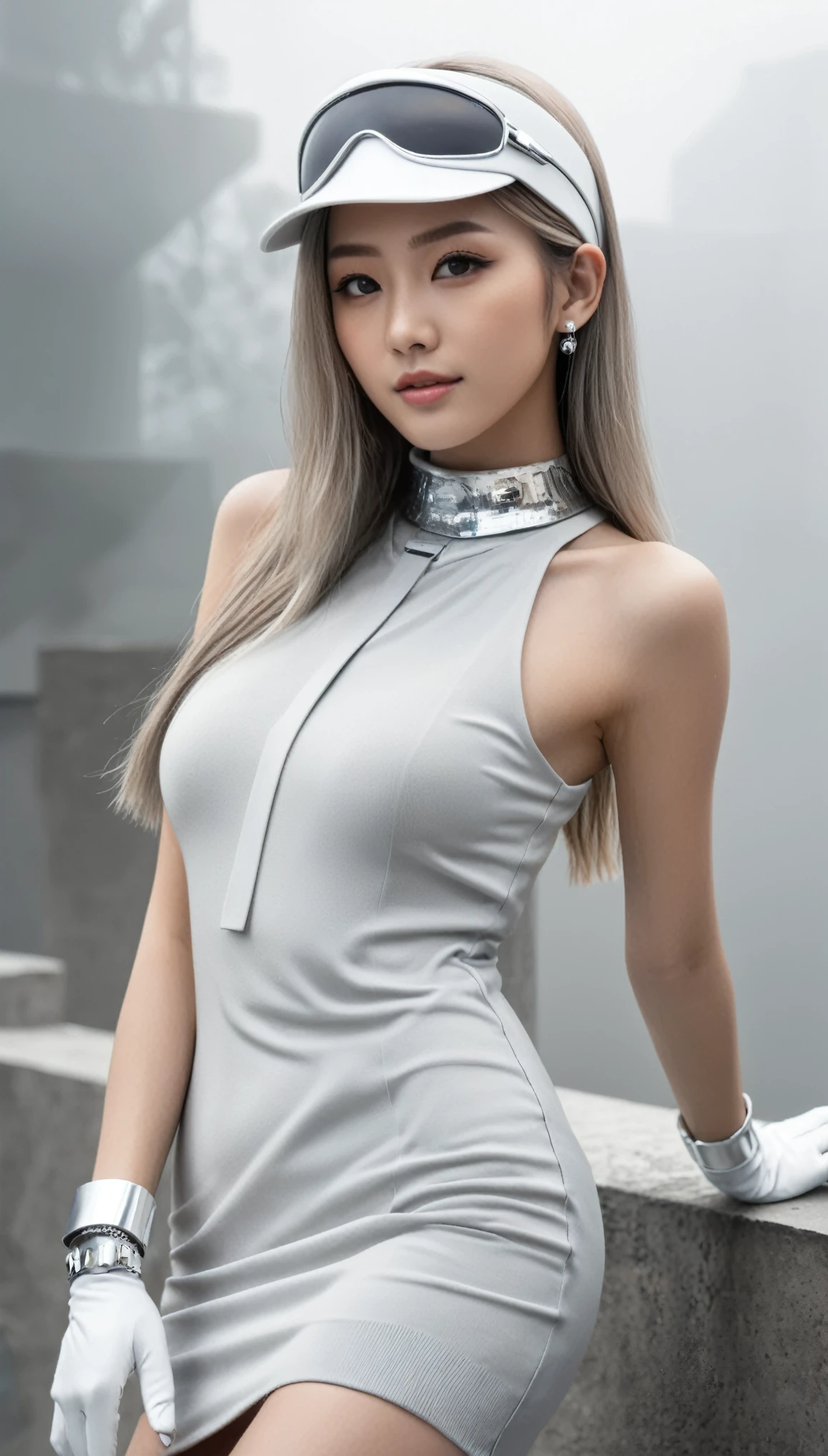 (masterpiece, Best Quality, hyper Detailed, hyper Realistic:1.4), BREAK beautiful Pretty and cute woman, Japanese ig model, glamorous body, render of april, (all body shot, standing:1.2), BREAK (Detailed wear, all body wear:1.2), (sleeveless futuristic high-neck knit one-piece dress:1.4), (emphasis on body contour:1.2), (white theme:1.4), (silver metallic thread embellishments:1.3), (silver statement necklace:1.3), (silver cuff bracelets:1.3), (silver hoop earrings:1.3), (silver anklet:1.3), (white futuristic sunglasses with silver frames:1.3), (white leather gloves:1.3), (skirt hem held by hand:1.3), (high-tech thick-soled high-top sneakers:1.4), (white theme:1.2), (silver details:1.2), (futuristic latex sun visor:1.4), arranged gray hair, BREAK (Detailed medium breasts, Detailed bodyline, Detailed legs and calves), (ultra slim waist, firm medium breasts, medium buttocks, beautiful sexy legs:1.2), White and beautiful Silky skin, thin and short neck, small head, BREAK small head, Detailed face, cute and Pretty slim face, Duck mouth, perfect beautiful Tooth, blue eyes, half open eyes, shiny eyes, gray hair, looking other, (in a concrete, fog, mist, steem)