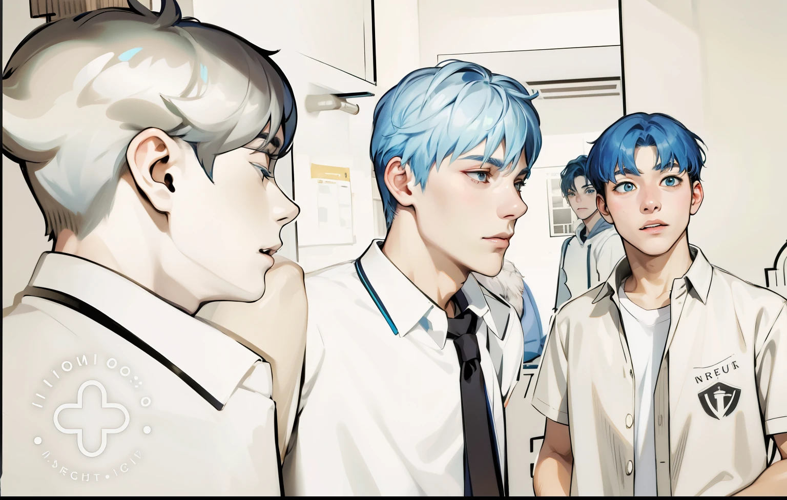 There are two 17-year-old boys with blue hair, they look at each other's faces, they are scared, worried.