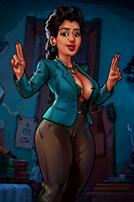 misturar-se, 1 garota, jaqueta verde, pants, colar, sorridente, (curvado), cidade, dynamic pose, milf, obra de arte, melhor qualidade, detalhe extremo, 8k, nitidez da imagem