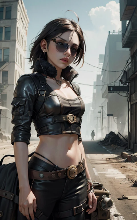 ambiente steampunk, dramatic art, estilo de arte dieselpunk, apocalyptic road warrior vibe, a girl wearing beautiful mirrored sunglasses that reflects everything around her, arte digital surrealista, Mad Max inspirado, heavy metal artwork, simetria da face cromada, arte steampunk digital, no estilo Mad Max, metal art, not art style by Filip Hodas, arte digital steampunk, dieselpunk, em um mundo hightech