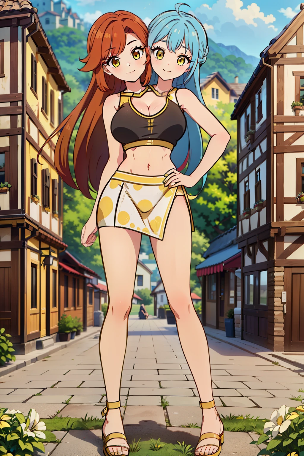 best quality, (masterpiece),(ultra-detailed), (high quality), (high resolution), ((2heads:1.5)), best quality:1.5, highres, UHD, 16K), ((two headed woman)), smiling, highres, masterpiece, ((red hair)), ((blue hair)), ((different hair colors)), cleavage, ((yellow crop top:1.5)), lustrous and smooth skin, seductive silhouette, gold rpg fantasy dress, sexy proportions, Beautiful girl with accentuated slender abs, ((full body)), long legs, ((village background:1.5)), ((exposed midriff)), body con dress, strapless, sleeveless, yellow eyes, ((long hair)), ((sandals))