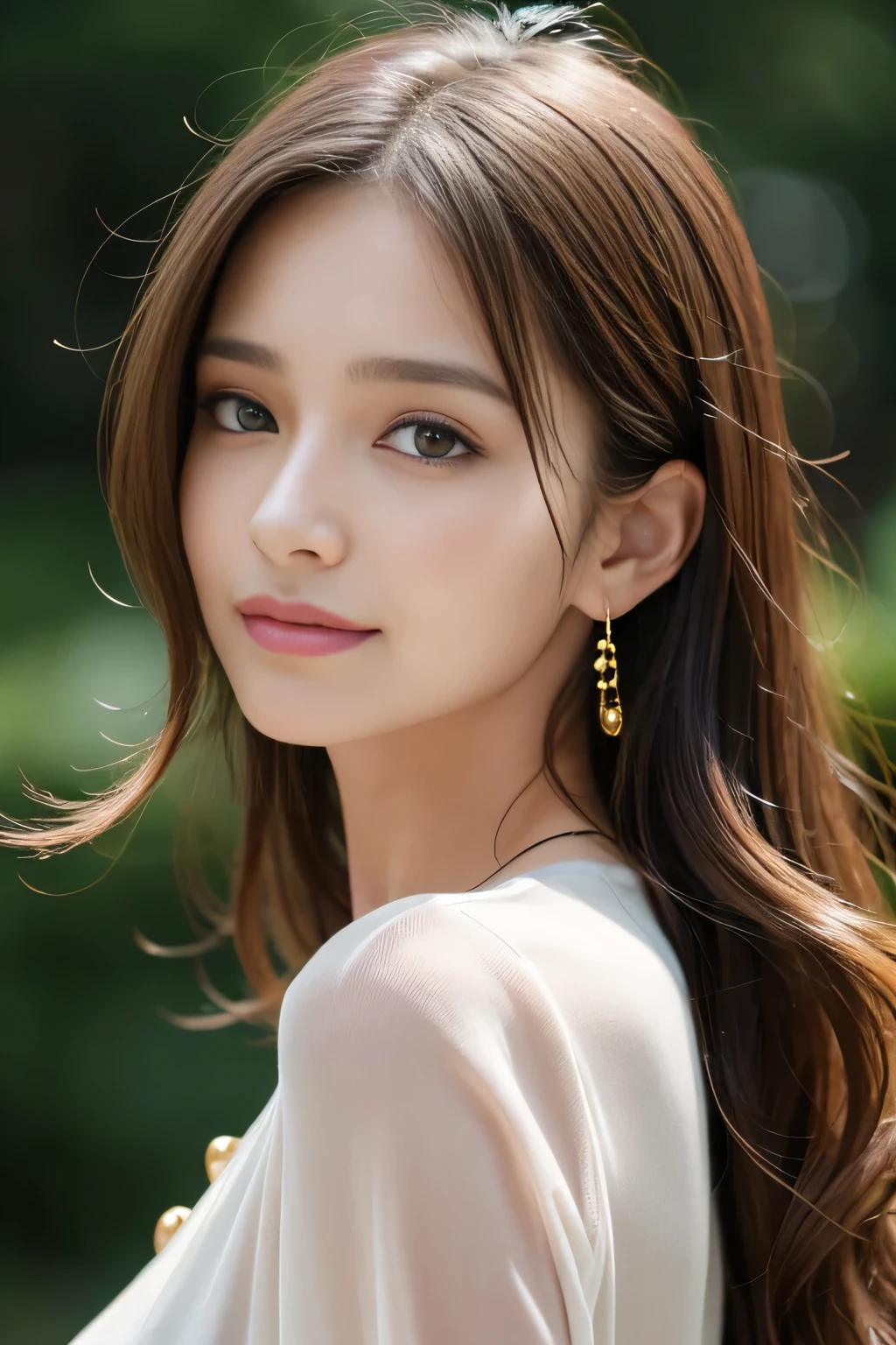 Tabletop, highest quality, Realistic, Very detailed, finely, High resolution, 8k wallpaper, One beautiful woman,, Light brown messy hair, ,Big earrings、He is wearing a black see-through open-necked shirt.。...., Sharp focus, Perfect dynamic composition, Beautiful and detailed, Thinning hair, Detailed Realistic skin texture, smile, Close-up portrait, Model Body Type、president&#39;secretary、mini skirt、High heels、whole body、suit、