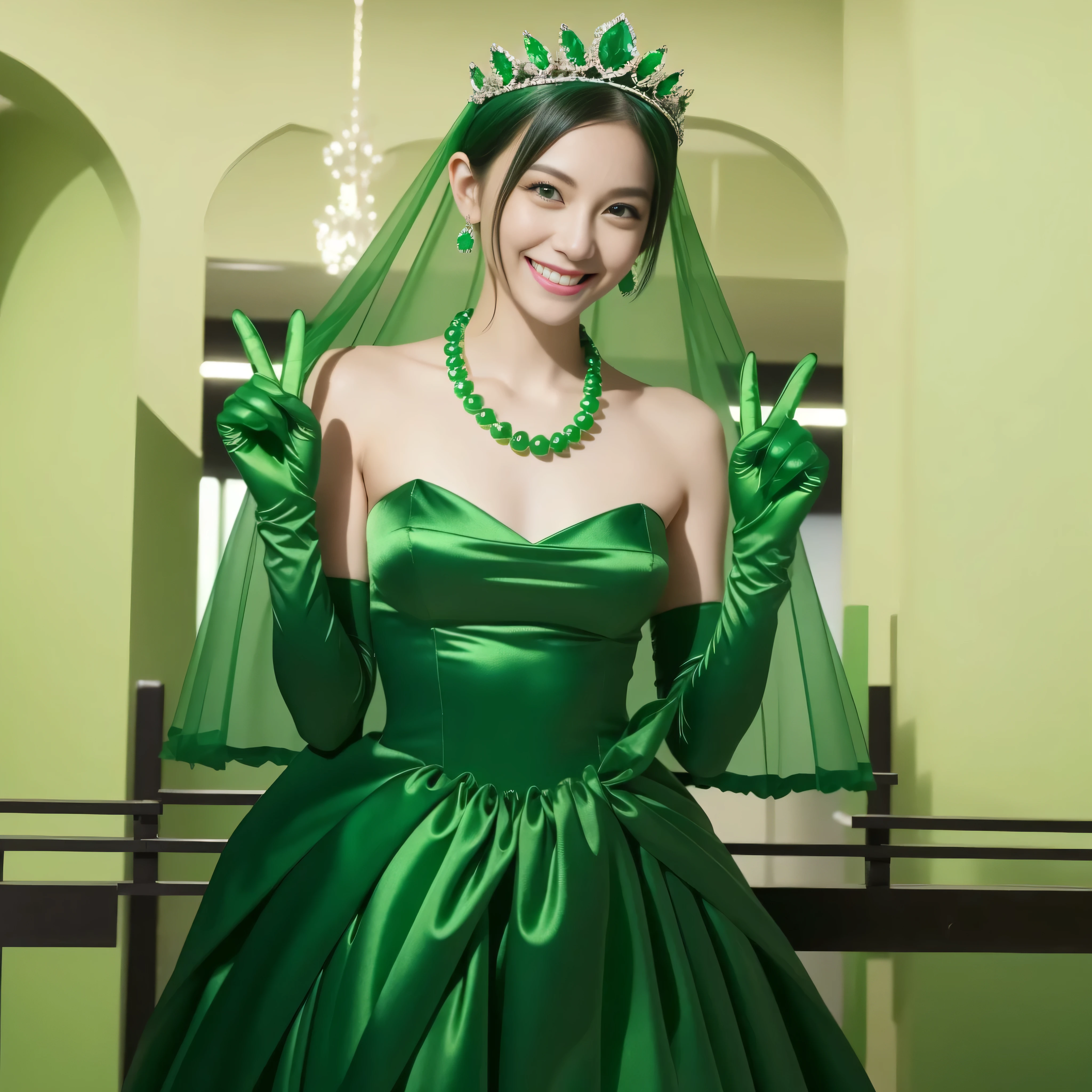 Emerald tiara, Green Pearl Necklace, Boyish very short green hair, lipstick, Smiling Japanese woman, Very short hair, Big and beautiful, Green Eyes, Long green satin gloves, Green Eyes, v sign, Emerald Earrings, Green veil