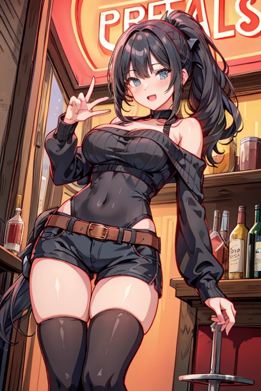 (from below:1.2),(from side:0.9), ((Face)), (Close-Up:0.4), masterpiece,"A 26-year-old girl stands at a bar counter. She is dressed in a stylish off-shoulder dress, sweater dress, off-shoulder sweater, red sweater,garter stocking, cleavage:1.1, midriff, black shorts, black thighhighs, thigh strap, pretty girl, (highly detailed beautiful face and eyes,firm breasts),real skin,((black,hair,long pony tail hair)),thin pubic hair,cute and lovely pose, detailed eyes, This masterpiece is only visually stunning but also tells,(double breasted:0.6,under bust:0.6),(with sparkling eyes and a contagious smile),open mouth. The bar is beautiful, with colorful bottles of alcohol in the background and a soft glow from neon lights. The atmosphere is relaxed, and the girl looks confident and fashionable.",full body, sexy pose,make a cocktail , in a bar counter, Looking at Viewer,
