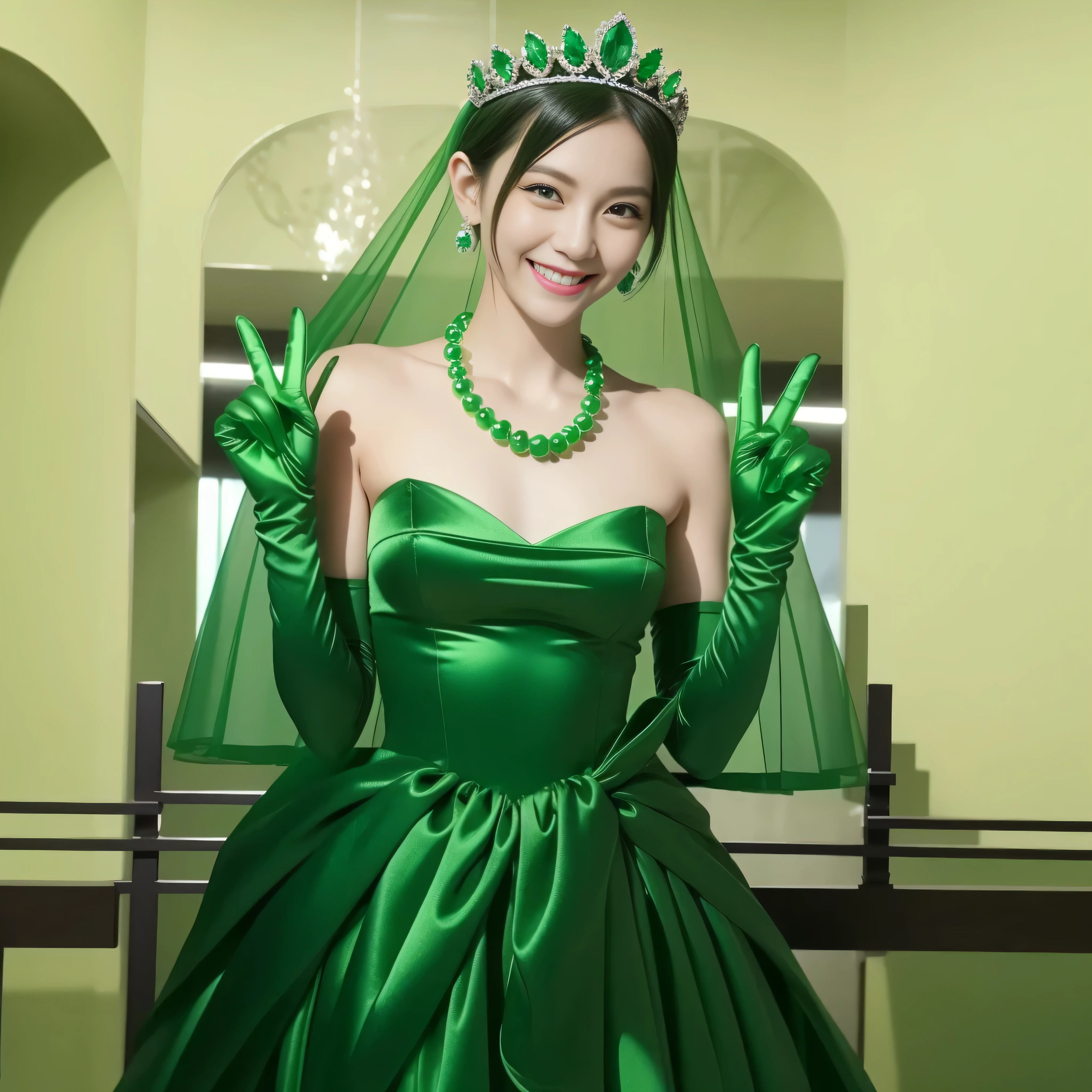 Emerald tiara, Green Pearl Necklace, Boyish very short green hair, lipstick, Smiling Japanese woman, Very short hair, Big and beautiful, Green Eyes, Long green satin gloves, Green Eyes, v sign, Emerald Earrings, Green veil