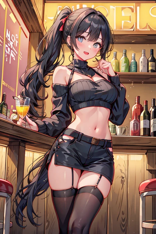 (from below:1.2),(from side:0.9), ((Face)), (Close-Up:0.4), masterpiece,"A 26-year-old girl stands at a bar counter. She is dressed in a stylish off-shoulder dress, sweater dress, off-shoulder sweater, red sweater,garter stocking, cleavage:1.1, midriff, black shorts, black thighhighs, thigh strap, pretty girl, (highly detailed beautiful face and eyes,firm breasts),real skin,((black,hair,long pony tail hair)),thin pubic hair,cute and lovely pose, detailed eyes, This masterpiece is only visually stunning but also tells,(double breasted:0.6,under bust:0.6),(with sparkling eyes and a contagious smile),open mouth. The bar is beautiful, with colorful bottles of alcohol in the background and a soft glow from neon lights. The atmosphere is relaxed, and the girl looks confident and fashionable.",full body, sexy pose,make a cocktail , in a bar counter, Looking at Viewer,
