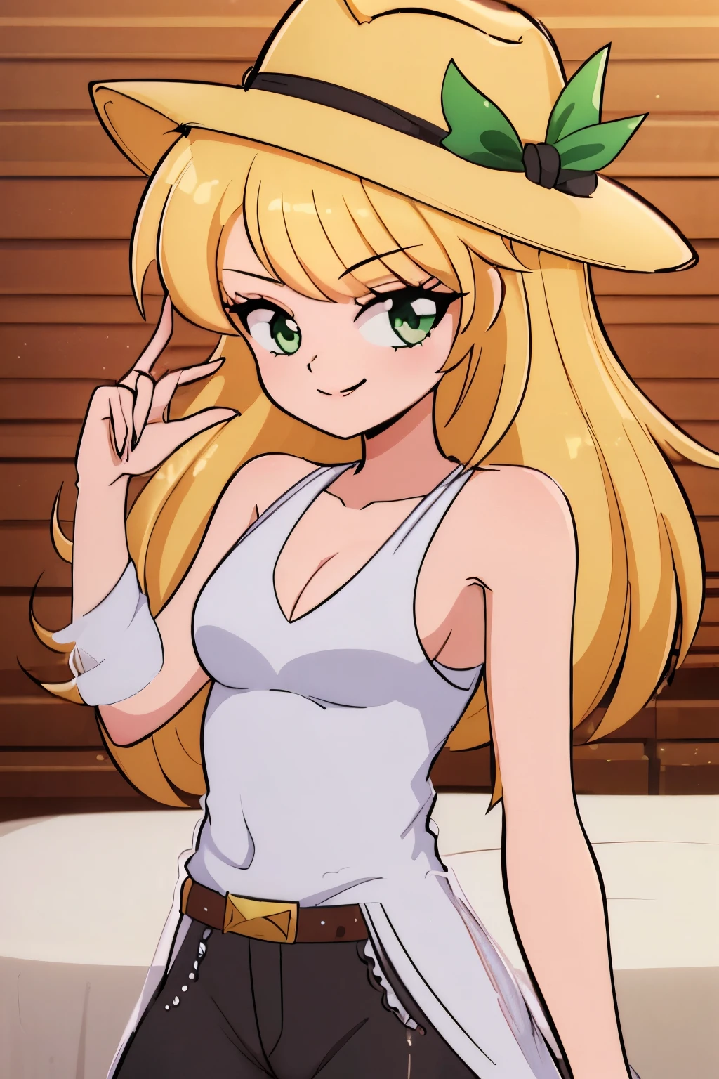 (highest quality, amazing details: 1.25), (female with green eyes), smiling, blonde hair, two shades of blonde hair, casual wear, (flat chest), ((fedora hat)), (white tank top), very small breasts, (side-swept bang), (black waistcoat), private detective, ((seductive woman)), ((lustrous woman))
