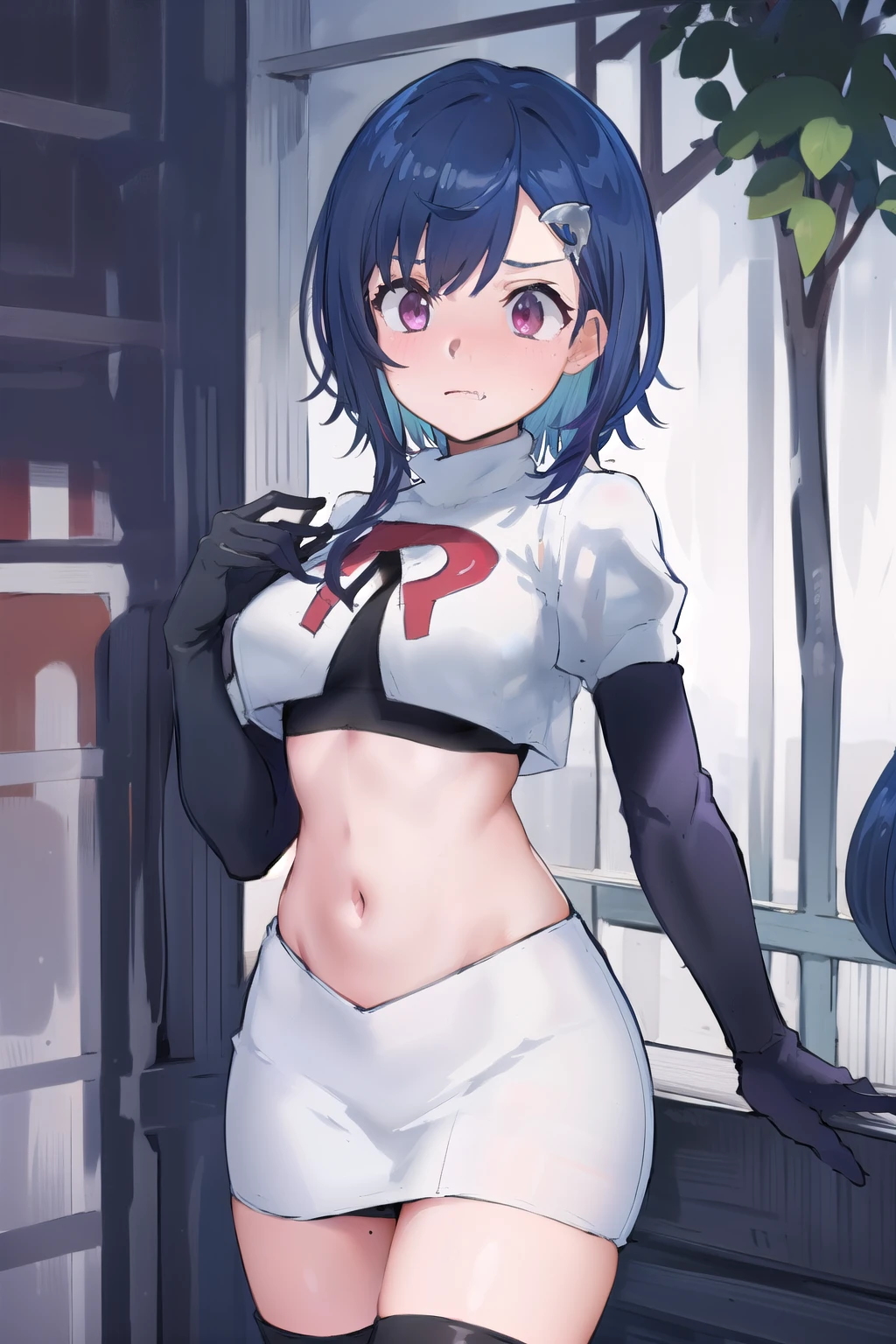 (masterpiece), (best quality), 1girl, solo, fang, blue hair, skin fang, short hair, hair behind ear, purple eyes, team rocket,team rocket uniform,white skirt,red letter R,crop top,black thigh-highs,black elbow gloves, hair ornament, medium breasts, mole on thigh, outdoors, blush, embarrassed, cowboy shot