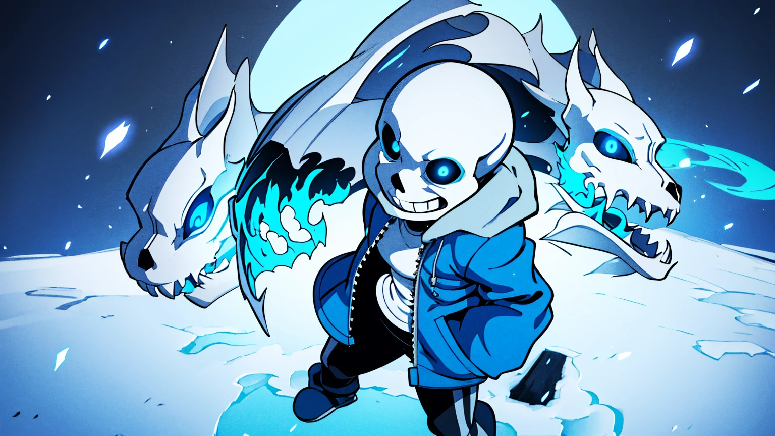 Toby Fox Undertale Sans Blue Jacket ,Fire eyes skull smile long eyelashes white short hair glowing face blue keel cannon one standing in the snow town Femininefull big breast breast enlargement full-body shot illustration, ultra-detailed, HDR, vibrant colors, soft lighting 4k