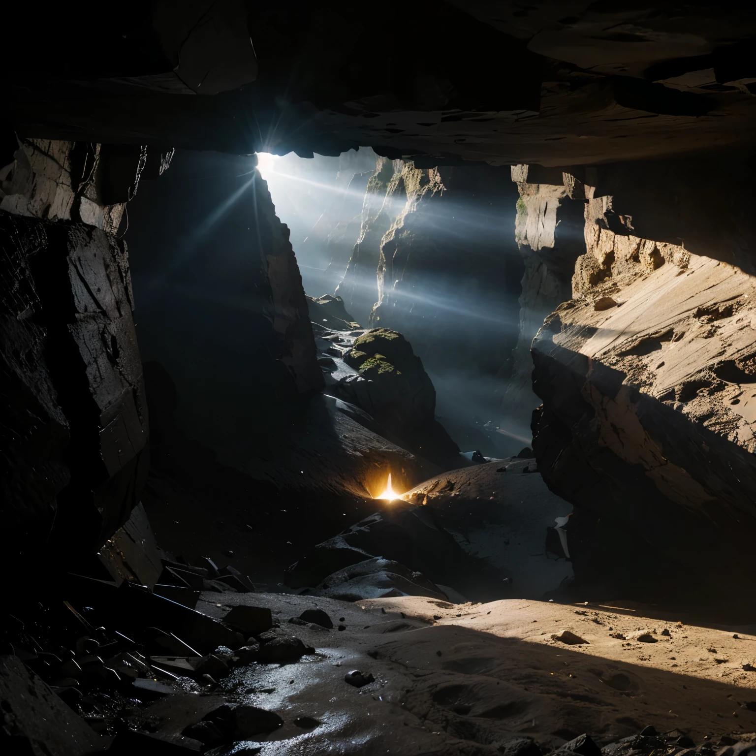 Mount with the 10 commandments in the chasm and light coming out from behind 