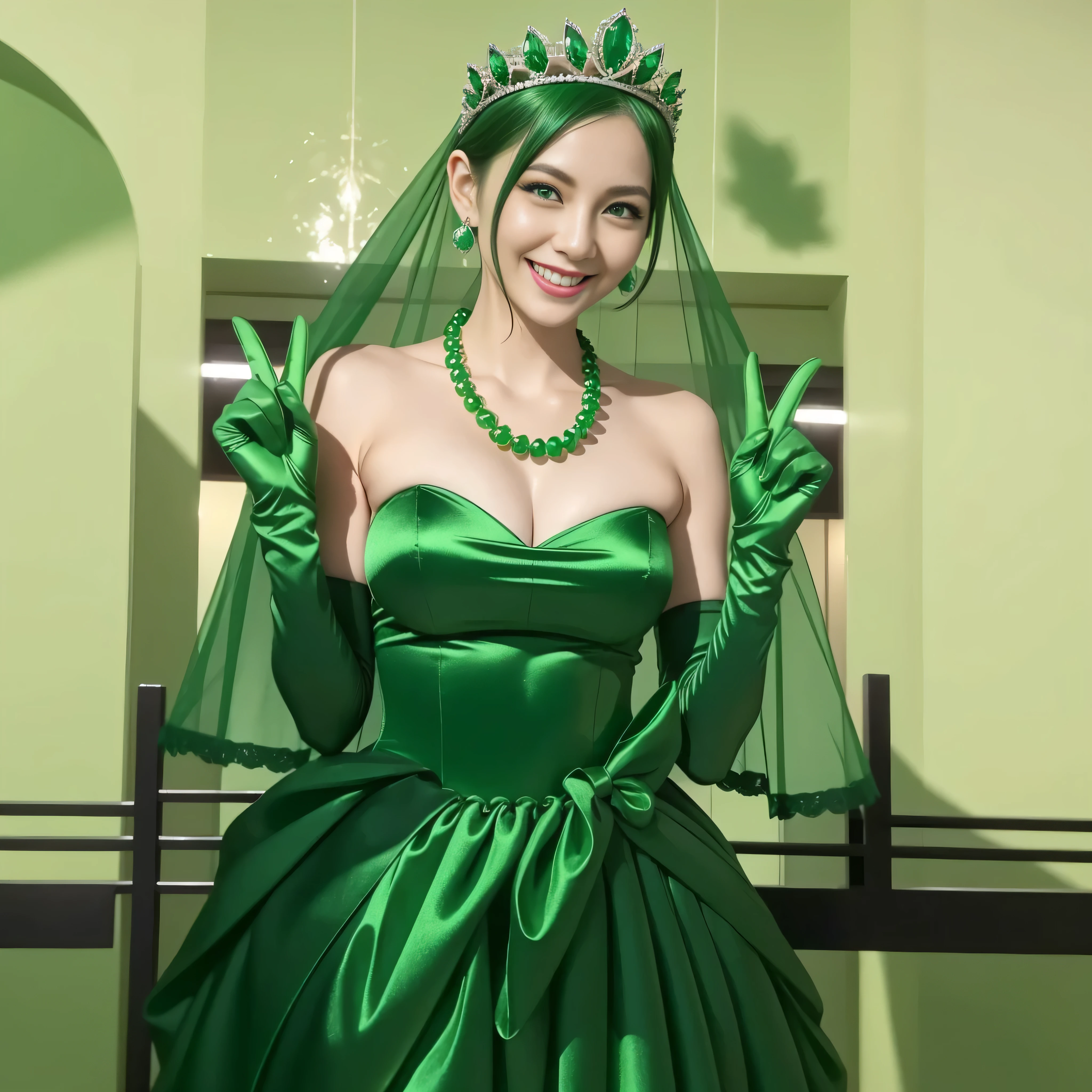 Emerald tiara, Green Pearl Necklace, Boyish very short green hair, lipstick, Smiling Japanese woman, Very short hair, Big tits beautiful, Green Eyes, Long green satin gloves, Green Eyes, v sign, Emerald Earrings, Green Veil, 30-year-old female