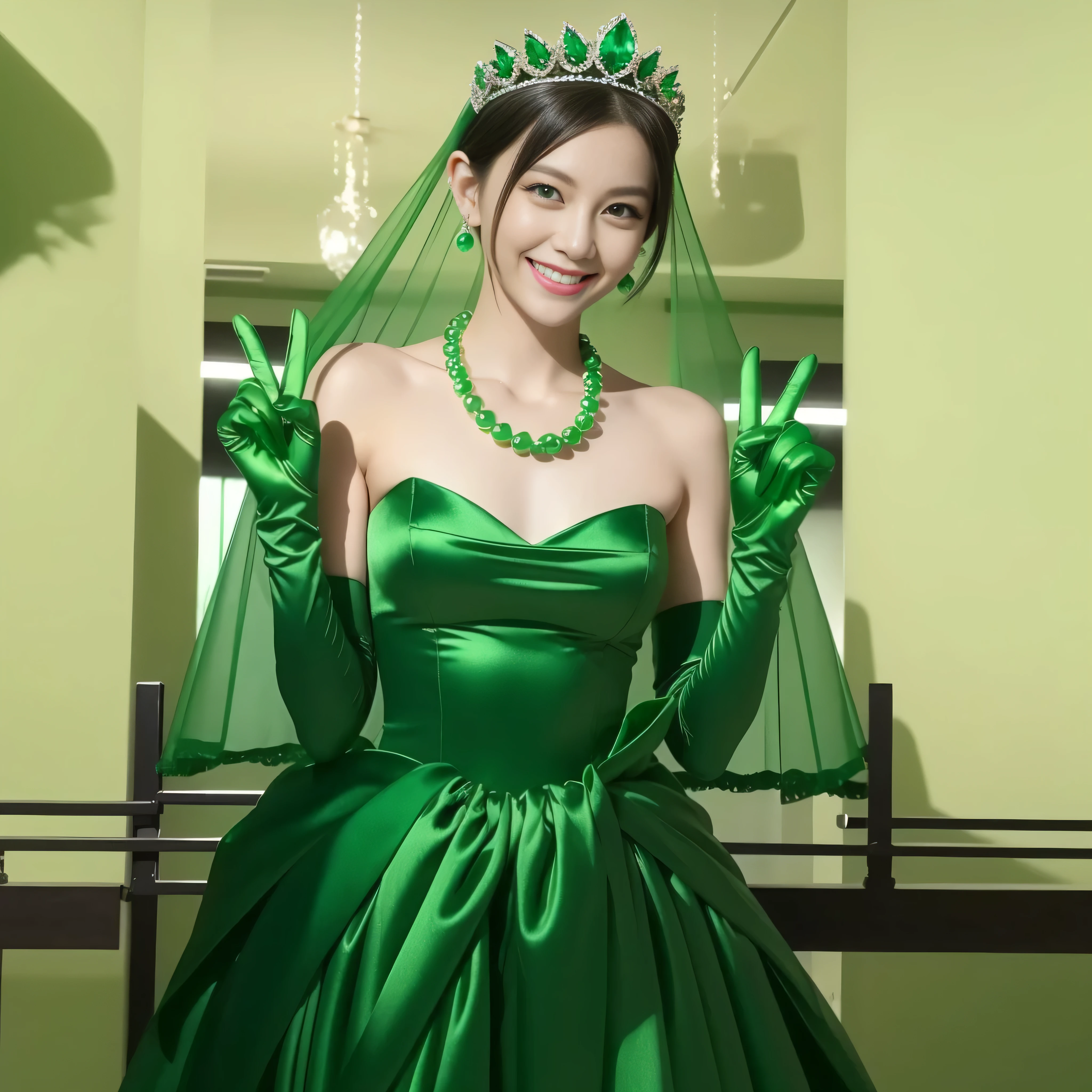 Emerald tiara, Green Pearl Necklace, Boyish very short green hair, lipstick, Smiling Japanese woman, Very short hair, Big and beautiful, Green Eyes, Long green satin gloves, Green Eyes, v sign, Emerald Earrings, Green veil