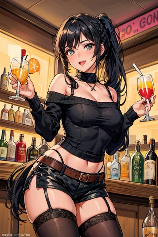 (from below:1.2),(from side:0.9), ((Face)), (Close-Up:0.4), masterpiece,"A 26-year-old girl stands at a bar counter. She is dressed in a stylish off-shoulder dress, sweater dress, off-shoulder sweater, red sweater,garter stocking, cleavage:1.1, midriff, black shorts, black thighhighs, thigh strap, pretty girl, (highly detailed beautiful face and eyes,firm breasts),real skin,((black,hair,long pony tail hair)),thin pubic hair,cute and lovely pose, detailed eyes, This masterpiece is only visually stunning but also tells,(double breasted:0.6,under bust:0.6),(with sparkling eyes and a contagious smile),open mouth. The bar is beautiful, with colorful bottles of alcohol in the background and a soft glow from neon lights. The atmosphere is relaxed, and the girl looks confident and fashionable.",full body, sexy pose,make a cocktail , in a bar counter, Looking at Viewer,