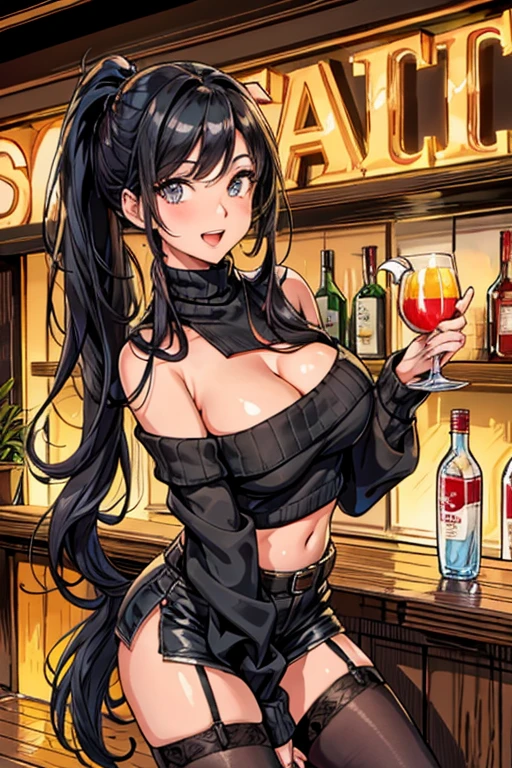 (from below:1.2),(from side:0.9), ((Face)), (Close-Up:0.4), masterpiece,"A 26-year-old girl stands at a bar counter. She is dressed in a stylish off-shoulder dress, sweater dress, off-shoulder sweater, red sweater,garter stocking, cleavage:1.1, midriff, black shorts, black thighhighs, thigh strap, pretty girl, (highly detailed beautiful face and eyes,firm breasts),real skin,((black,hair,long pony tail hair)),thin pubic hair,cute and lovely pose, detailed eyes, This masterpiece is only visually stunning but also tells,(double breasted:0.6,under bust:0.6),(with sparkling eyes and a contagious smile),open mouth. The bar is beautiful, with colorful bottles of alcohol in the background and a soft glow from neon lights. The atmosphere is relaxed, and the girl looks confident and fashionable.",full body, sexy pose,make a cocktail , in a bar counter, Looking at Viewer,