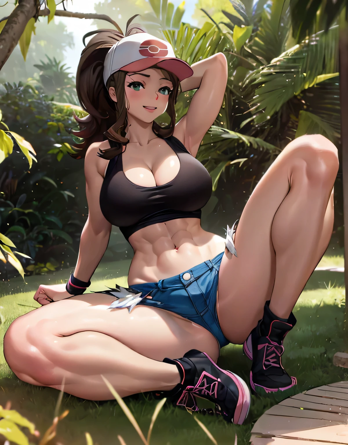 (best quality, highres, masterpiece:1.2), ultra-detailed, realistic:1.37, sketches, hilda pokemon, def1, teenage girl, full body, curvy, visible thighs, chubby thighs, thick thighs, thighs in the foreground, body shape,  in some Mayan ruins, tropical setting, lost civilization, tocando su cuerpo, curious look, pokeballs, smile, encanto femenino, downblouse, nsfw, huge breasts, massive breasts, cleavage, sexy abs, arched back