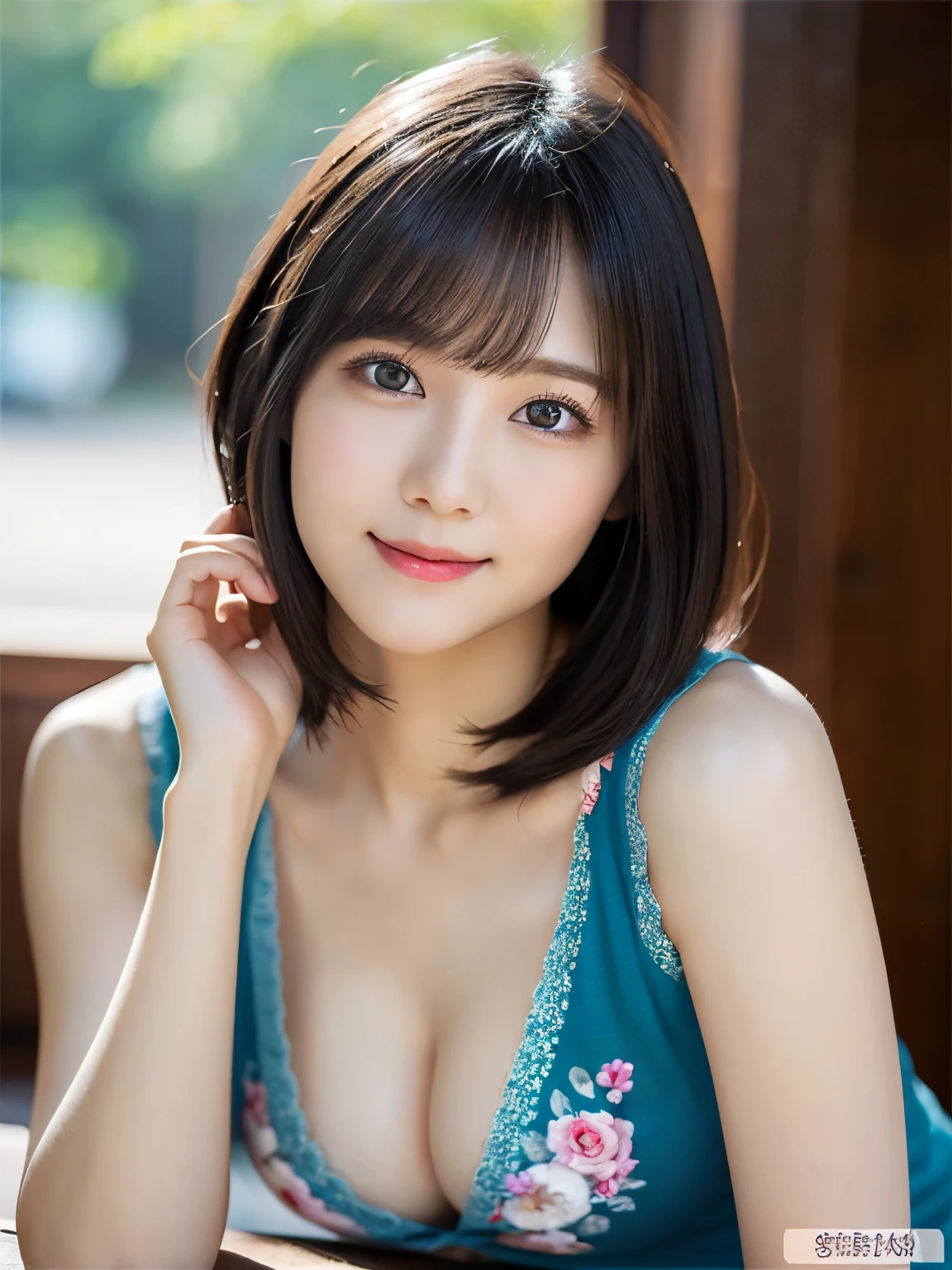 ((Upper Body))、(highest quality:1.5)、(Realistic:1.5)、(1 person:1.5)、(Very detailed)、(High resolution)、8k、((Floral camisole))、Slightly small breasts、Natural color lips、Cute Smile、20-year-old girl、(Beautiful and elaborate face)、(Perfect and beautiful face)、(Big eyes)、(Beautiful and elaborate face)、(Beautiful, balanced eyes)、Perfect and beautiful double eyelids、Perfect and beautiful face、Arched eyebrows、 Thin eyebrows、Feminine poses、Slim face、Slim figure、Beautiful and thin nose、 Beautiful Skin、(Medium Bob Hair)、Natural Bangs、Fair skin、Front lighting、(Lighting the face)、(Beautiful cleavage)、Deep blue eyes、Slim waistline、