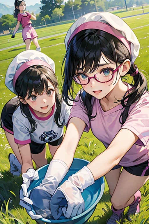 Three  girls with glasses and black hair tied up in short sleeve gym clothes wearing long pink rubber gloves and white rubber boots and gym caps on their heads are digging potatoes in a field