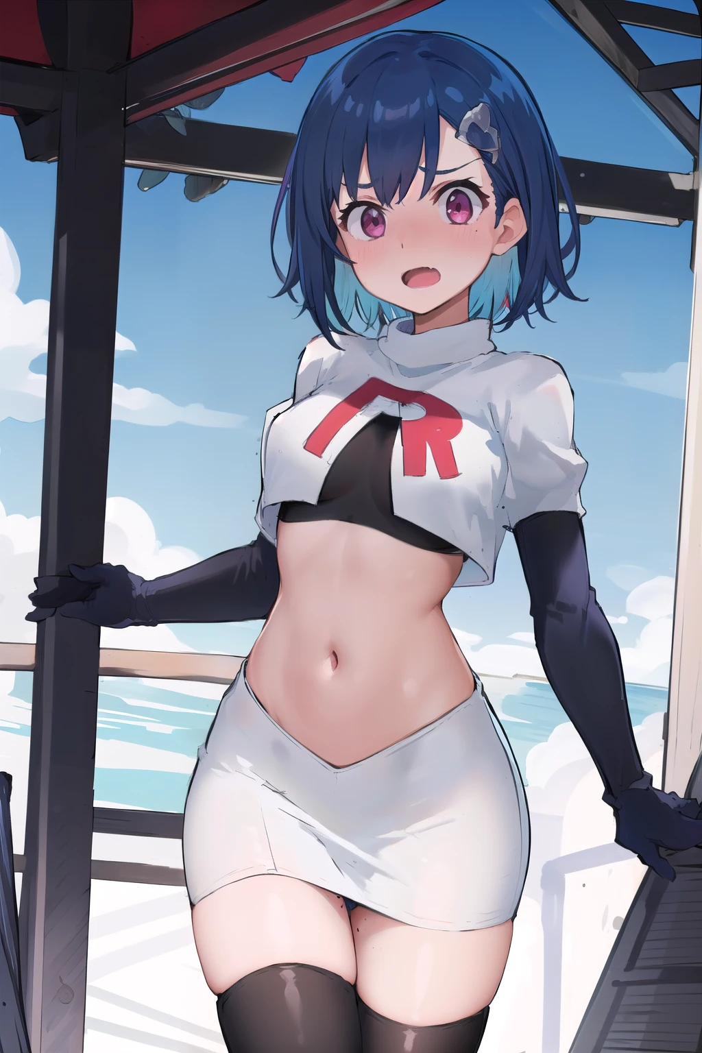 (masterpiece), (best quality),  1girl, solo, fang, blue hair, skin fang, short hair, hair behind ear, purple eyes, team rocket,team rocket uniform,white skirt,red letter R,crop top,black thigh-highs,black elbow gloves, hair ornament, medium breasts, mole on thigh, outdoors, blush, embarrassed, cowboy shot