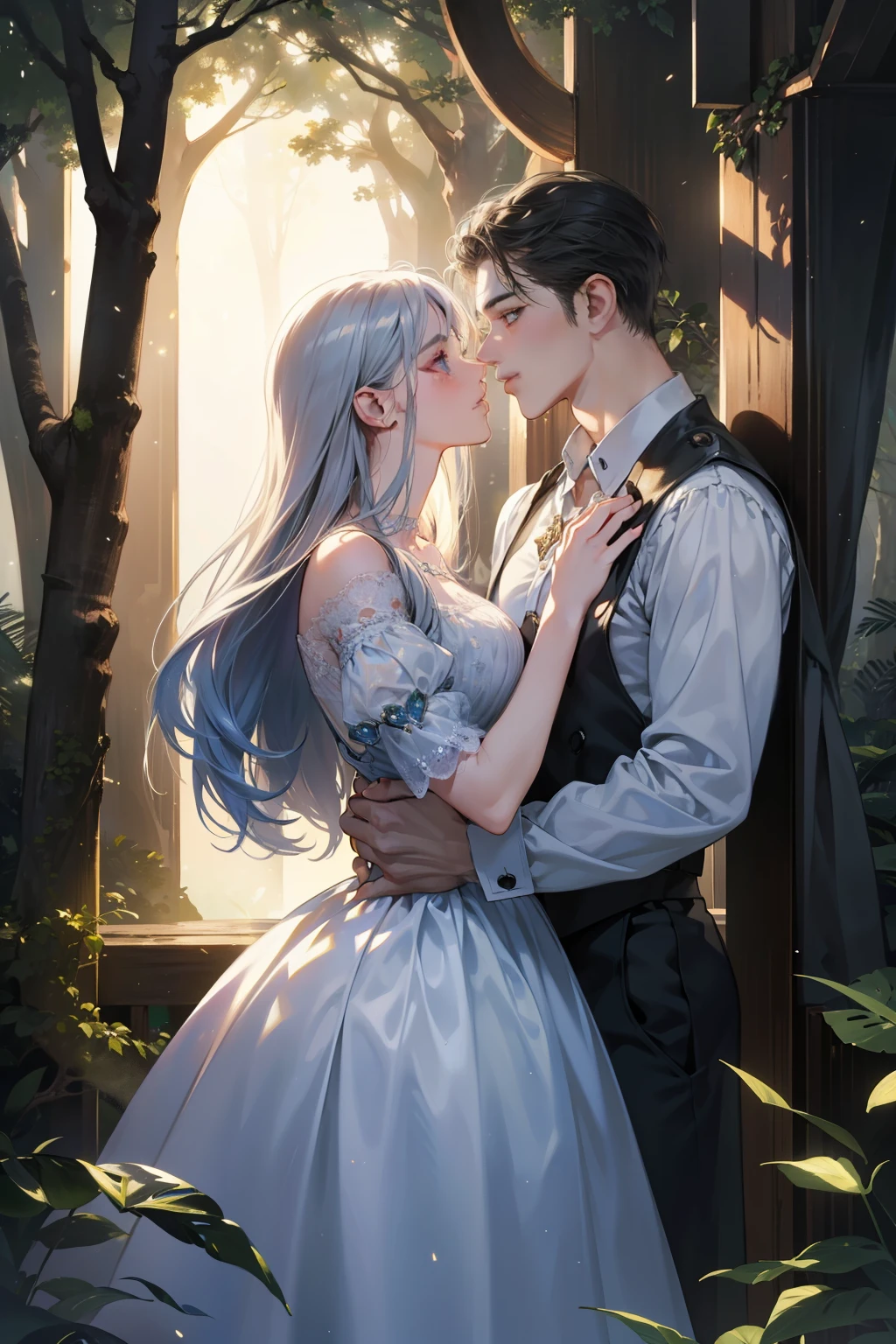 (High resolution: 1.4), (8K, ultra-realistic realism, best quality), Lunar glow, (picture perfect), (detailed face, detailed eyes, detailed skin, shining skin: 1.2), silver sequins sparkling dress, (intricate designs on the dress), (kissing, lips meeting softly), (blushing cheeks, love-struck expression), (moonlight reflecting off their eyes), (standing close, arms around each other), (background: moonlit forest, tall trees casting long shadows), BREAK, (movie-like, romantic atmosphere), (masterpiece: 1.4), (detailed background with a hint of mystery and