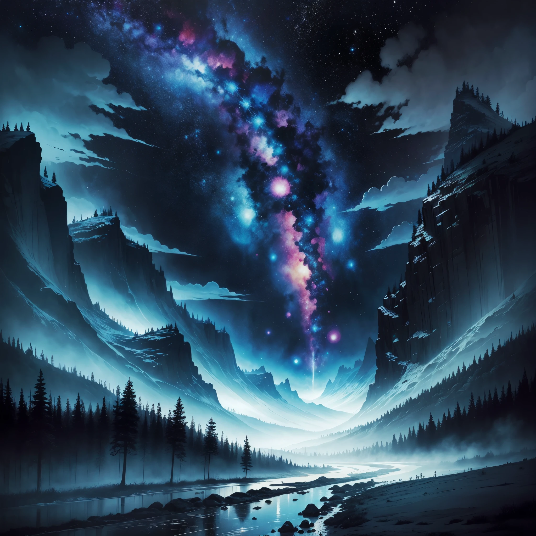 Surreal Realism,magic,psychedelic,Beautiful starry sky,Ink Painting,Rolling Mountains々,In the Boondocks,Bright River,Rubik's Cube,16k,tmasterpiece