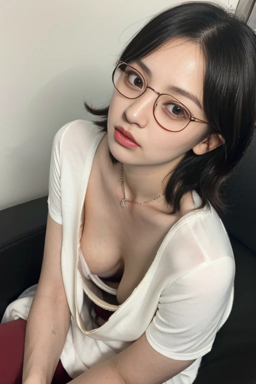 Down blouse , munechira,(((Small breasts))),Flat Chest ,avert your eyes, Bend your body , From above , close, necklace , Detailed Bra Overlap T-Shirt,  short hair,8k, highest quality, masterpiece, Ultra-high resolution, (realism: 1.4), Original photo, (Real skin texture: 1.3)、Red frame glasses、Young face、Young body