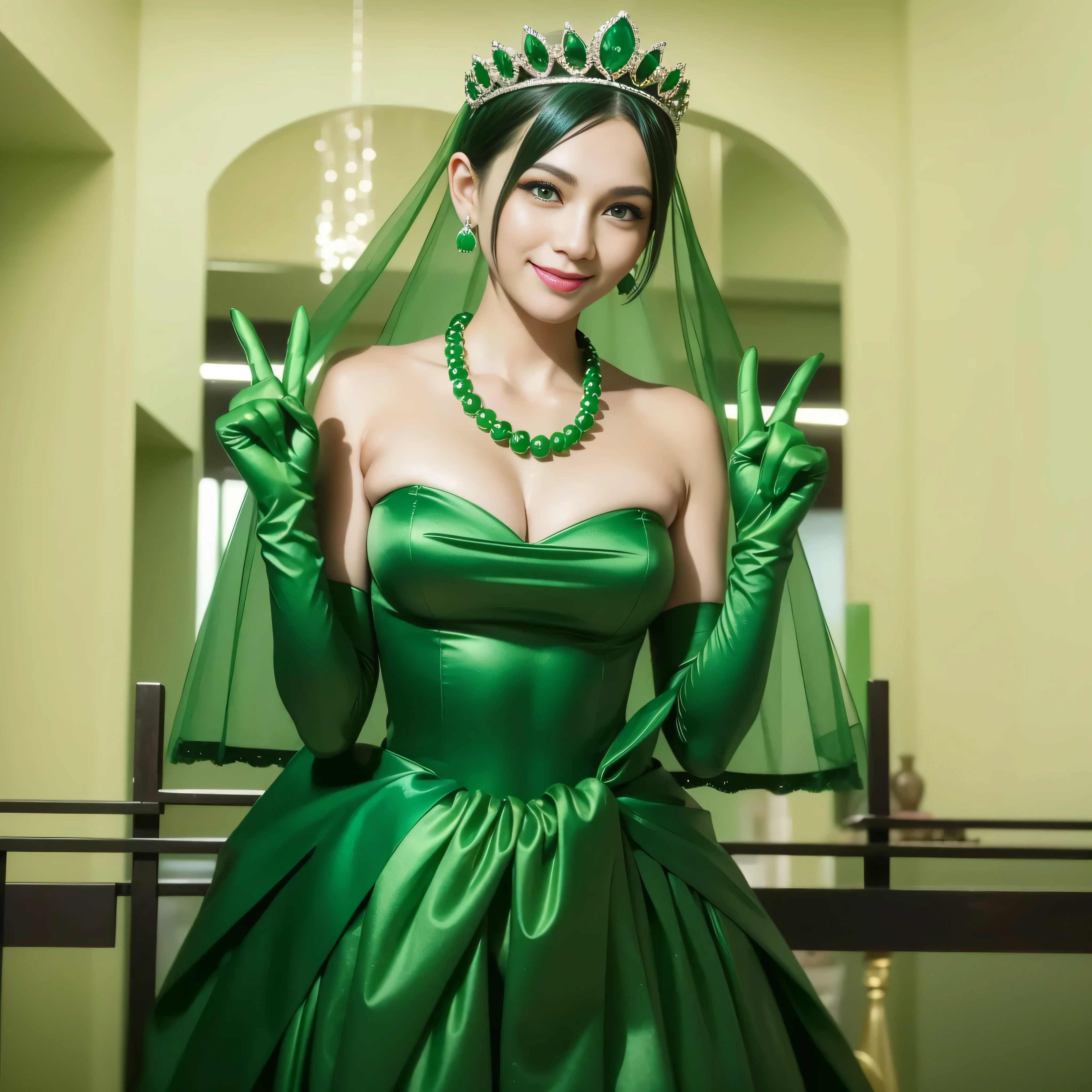Emerald tiara, Green Pearl Necklace, Boyish very short green hair, lipstick, Smiling Japanese woman, Very short hair, Big and beautiful, Green Eyes, Long green satin gloves, Green Eyes, v sign, Emerald Earrings, Green veil