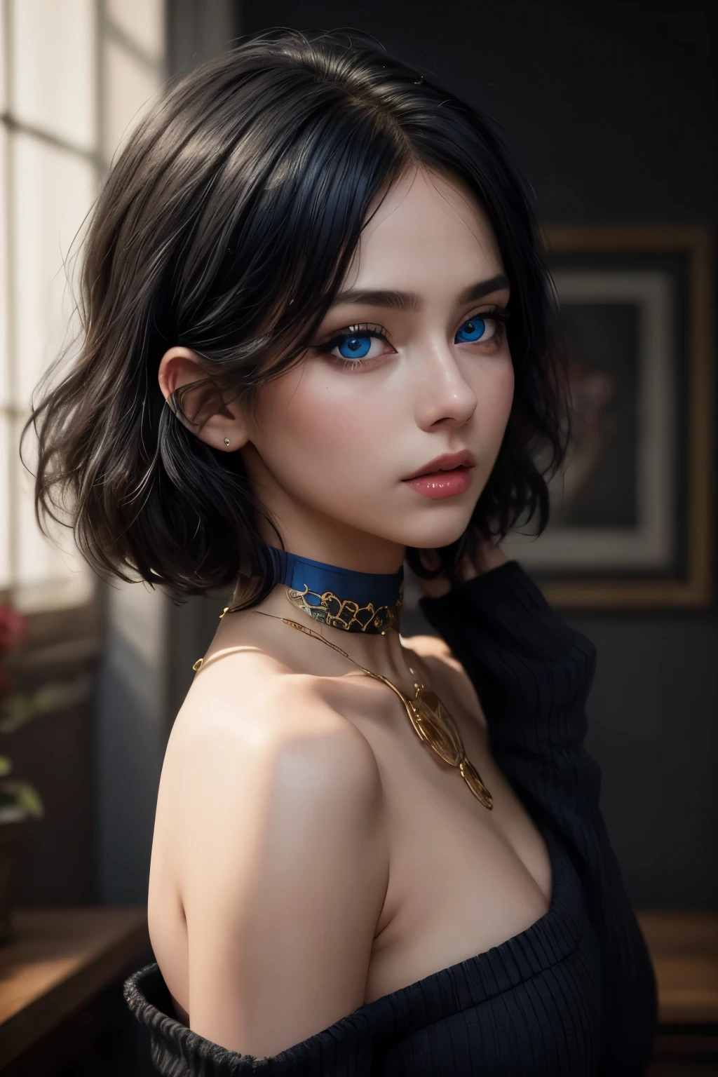 beautiful woman (blue eyes)++, anime, manga graphics, offset printing, high detail, intricate details, ornate, detailed illustration, trending on artstation,, ultra detailed, official art, masterpiece, (best quality)1.3, reflections, extremely detailed cg unity 8k wallpaper, detailed background, twenty year old woman, (masterpiece)1.4, photorealistic, best quality, beautiful lighting, intricate, high detail, sharp focus, dramatic, (raw photo, 8k uhd, film grain)+ subsurface scattering, epiCRealism score_9, score_8_up, score_7_up, source_photo, realistic, 1girl, solo, ((blue eyes)) girl, (short black hair), bob hair, extremely cute, body, ((sexy sweater dress, black dress, long sleeves, bare shoulders)), ((gold choker, bracelets, anklets)), (simple blurred background, depth of field), ((naughty expression, looking at viewer, sexy pose, hands behind head, from side, dynamic angle)), erotic, elegant, sensual, seductive, bright colors, high contrast, dark background, vivid lighting, zPDXL,