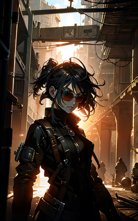 ambiente steampunk, dramatic art, estilo de arte dieselpunk, apocalyptic road warrior vibe, a girl wearing beautiful mirrored sunglasses that reflects everything around her, arte digital surrealista, Mad Max inspirado, heavy metal artwork, simetria da face cromada, arte steampunk digital, no estilo Mad Max, metal art, not art style by Filip Hodas, arte digital steampunk, dieselpunk, em um mundo hightech
