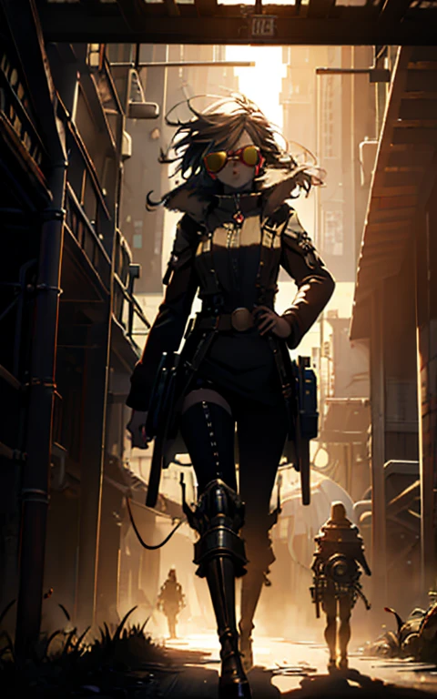 ambiente steampunk, dramatic art, estilo de arte dieselpunk, apocalyptic road warrior vibe, a girl wearing beautiful mirrored sunglasses that reflects everything around her, arte digital surrealista, Mad Max inspirado, heavy metal artwork, simetria da face cromada, arte steampunk digital, no estilo Mad Max, metal art, not art style by Filip Hodas, arte digital steampunk, dieselpunk, em um mundo hightech
