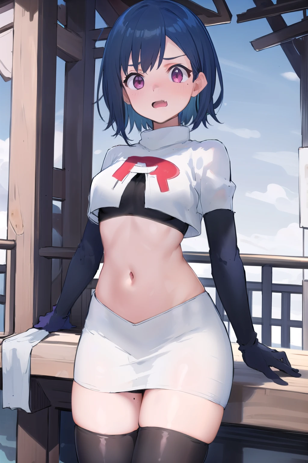 (masterpiece), (best quality),  1girl, solo, fang, blue hair, skin fang, short hair, hair behind ear, purple eyes, team rocket,team rocket uniform,white skirt,red letter R,crop top,black thigh-highs,black elbow gloves, hair ornament, medium breasts, mole on thigh, outdoors, blush, embarrassed, cowboy shot