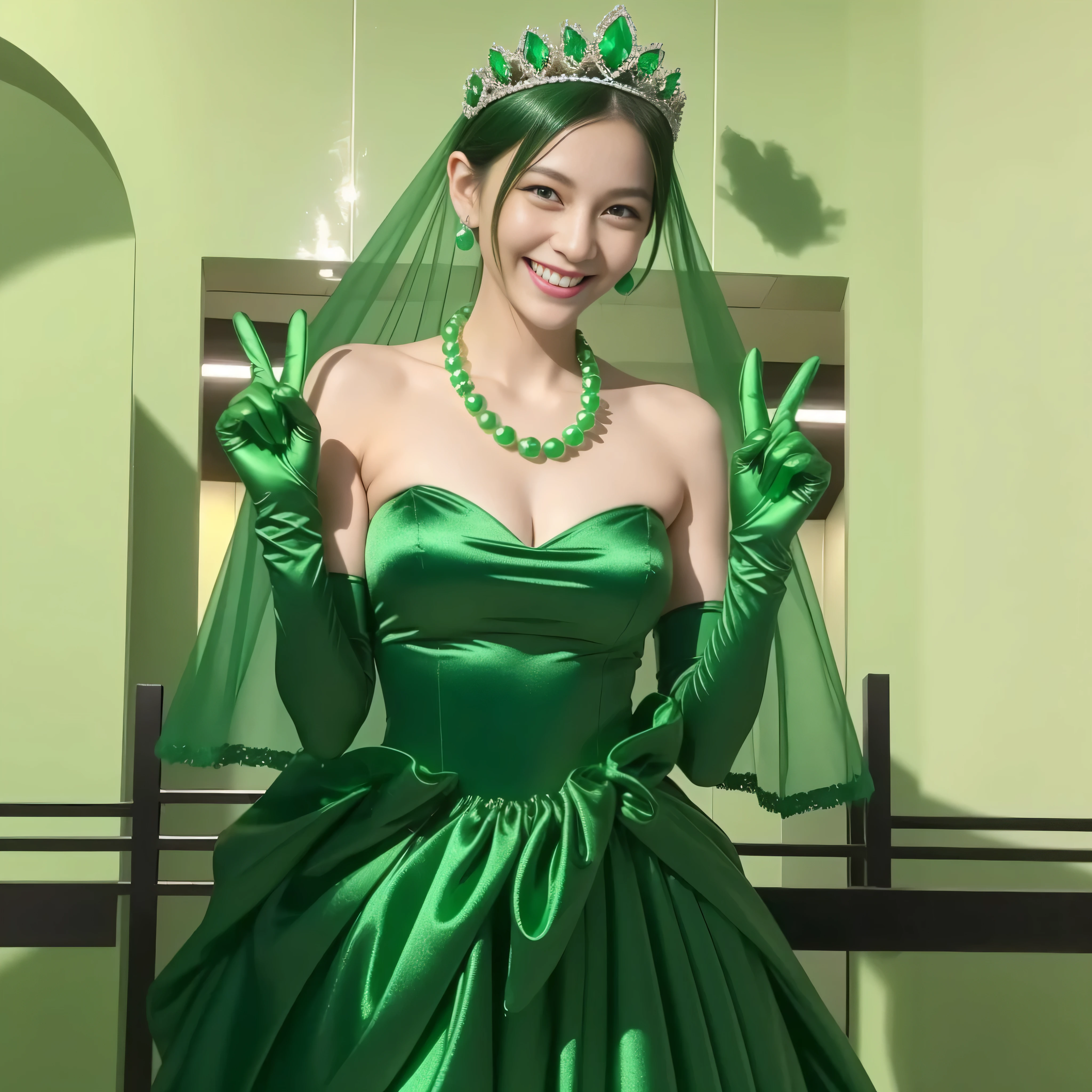 Emerald tiara, Green Pearl Necklace, Boyish very short green hair, lipstick, Smiling Japanese woman, Very short hair, Big tits beautiful, Green Eyes, Long green satin gloves, Green Eyes, v sign, Emerald Earrings, Green Veil, 30-year-old female
