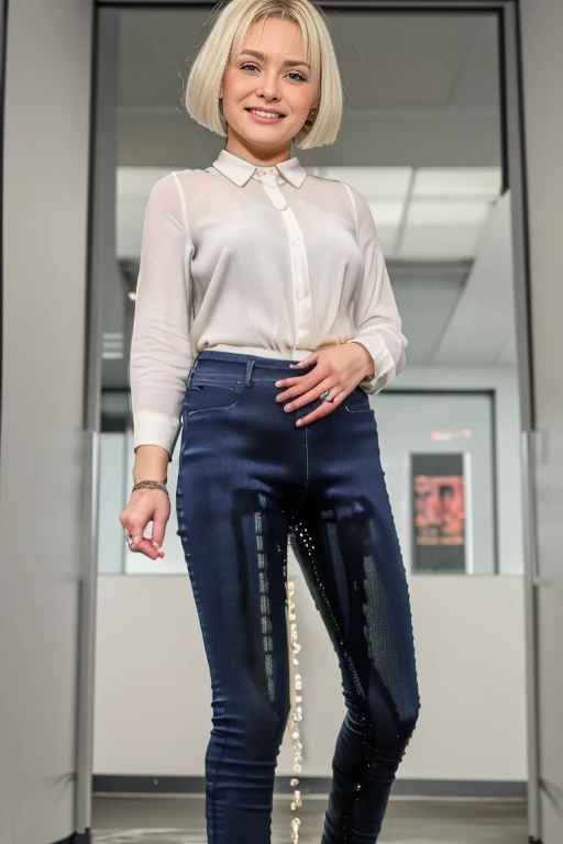 ((((white skinny jeans:1.2)))), (Best Quality,high resolution,bokeh:1.2),woman,Pronounced wrinkles,platinum blonde hair,((very short frizzy Blunt Textured bob haircut)),Detailed eyes and face,white blouse,(standing:1.0),(big smile), Posing, standing in an office,(black high heel pumps)), ((show heels)), jeans are wrinkled from wetness, peeing, wetting self, shins of jeans soaked in pee, legs of jeans soaked in pee, standing in puddle of pee