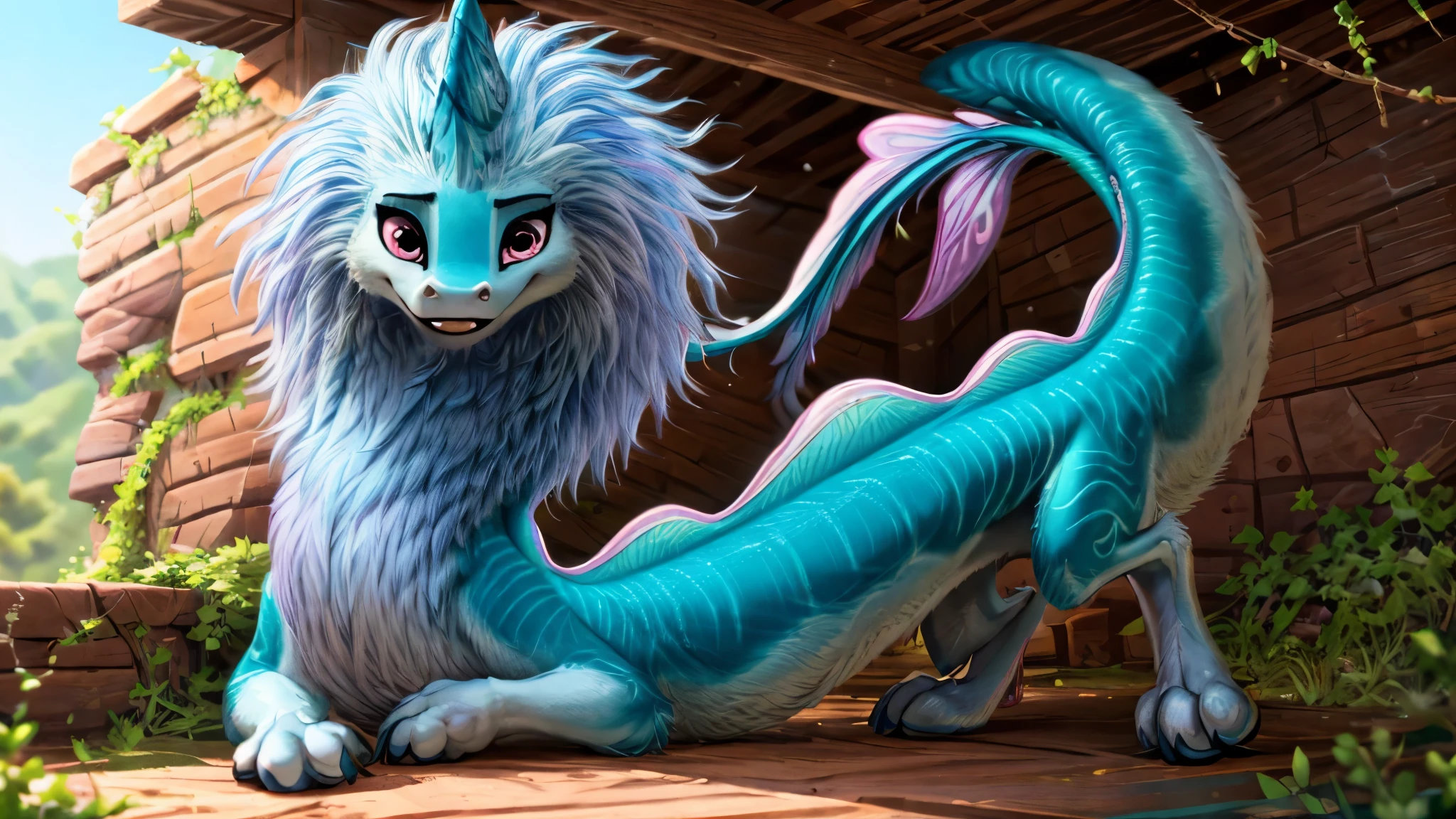 sisu, dragon, furry, ((((feral quadruped)))), masterpiece, best quality, High-resolution, super high resolution, 4k RAW, female, long hair, cyan skin, long body, light blue mane, long body, full body, perfect lighting, long tail, detailed extremely, masterpiece, detailed fur, detailed shading, beautiful render art, perfect detailed face, detailed tabs, two horns, long hip, looking at the viewer, beautiful eyes, FEMALE, perfect body, perfect lighting, (((4 toes))), black claws, solo,(ultra detailed), eyeliner, perfect detailed eyes, front portrait, detailed nose dragon, (defined legs muscles), (((beautiful feet))),  (((beautiful hadns))), ((((all four legs are visible)))), the four legs are excellently drawn excellently detailed and without deformations or mutations, detailed nose dragon, simple background, standing, detailed face, solo , full body portrait, beautiful eyes, cowboy shot, good anatomy, cinematic lighting, blue hair, perfect illustration, very long hair, realistic proportions, good anatomy, clearly draw eyes, detailed eyes, datiled pupiles, long lashes, detailed lashes, detailed face, detailes hair, beautiful hair, beautiful face, eyeliner, beautiful body, perfect body, good body anatomy, beautiful, beautiful feet, professional art, ultra detailed, perfect lighting, rounded eyes, perfect eyes, white background, extremely detailed beautiful eyes, eye pupil, beautiful eyelashes, realistic eyes, perfect body, perfect face, female focus, from front, looking away, distracted,