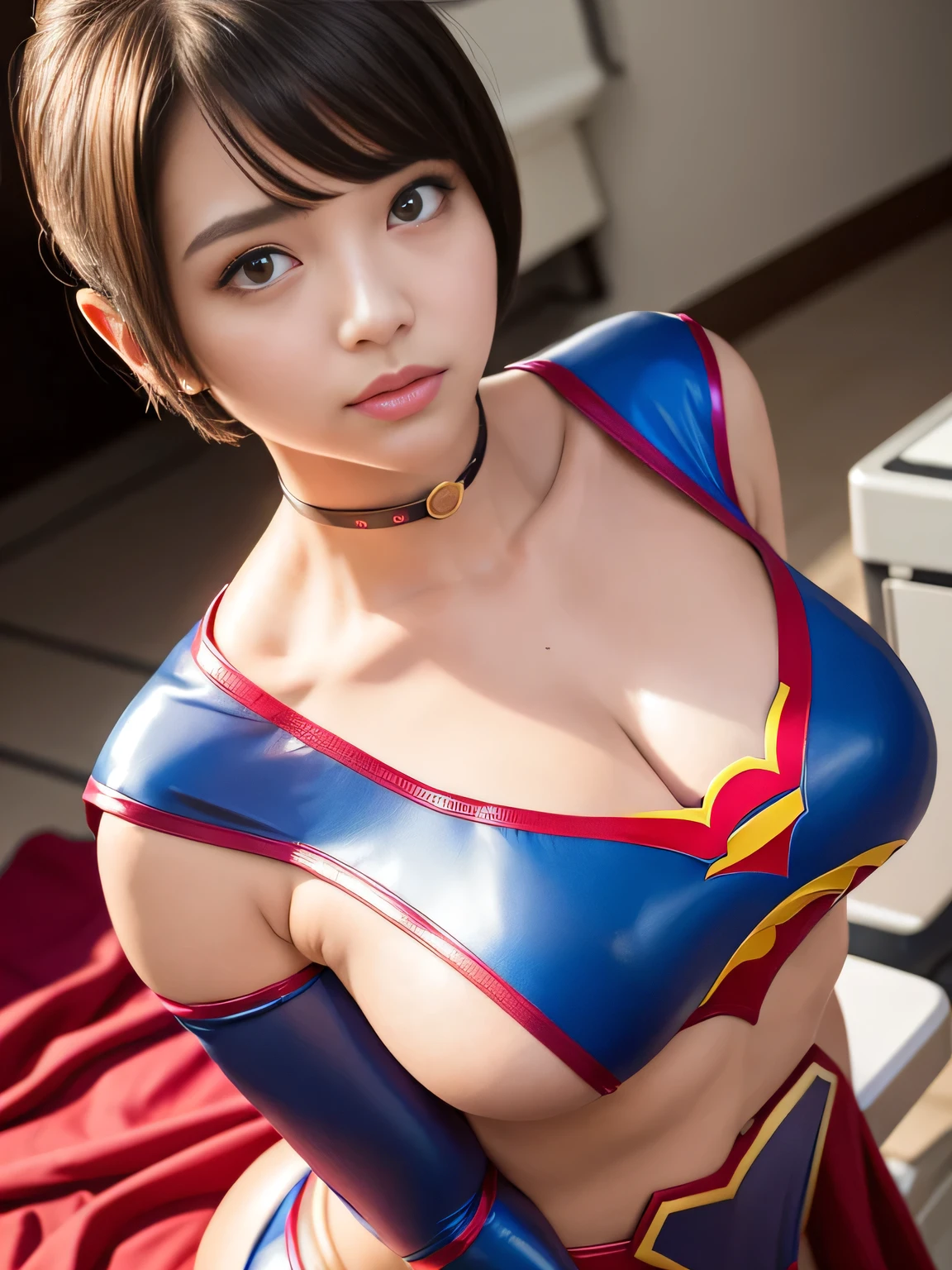 masterpiece、Enamel Supergirl Costume、Short Hair、Hospital operating table、Crisis situation、Big and ample breasts、looking at the camera、Shiny、Off the shoulder、choker、Long sleeve、Red exy poses to seduce、Sweaty、Model Body Type、Alluring、charm、Enchanting、Abused、test subject、victim、Wild、Photorealistic、latex、