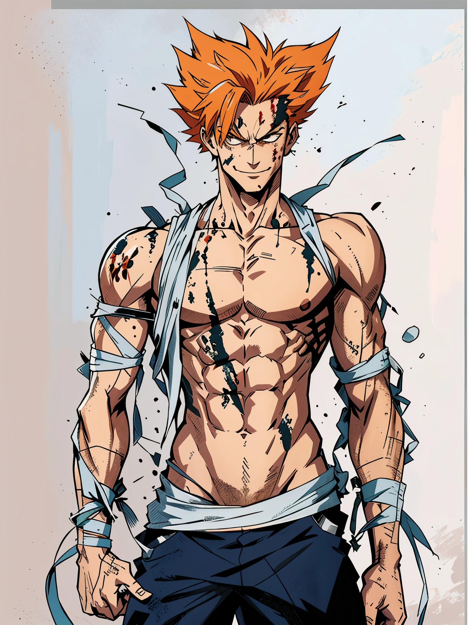 a close up of a man with a shirt on and a tie around his waist, manga character, boku no hero academia, garou, anime, one punch, 1man, bondage wrap around body, bondage, male focus, solo, aura, portrait, evil smile, looking at viewer, walking menacingly, facing the viewer, facing front, orange hair, bloods on body, lots of blood on body, slim, bondage around his wrist and arms, blood splatter on body