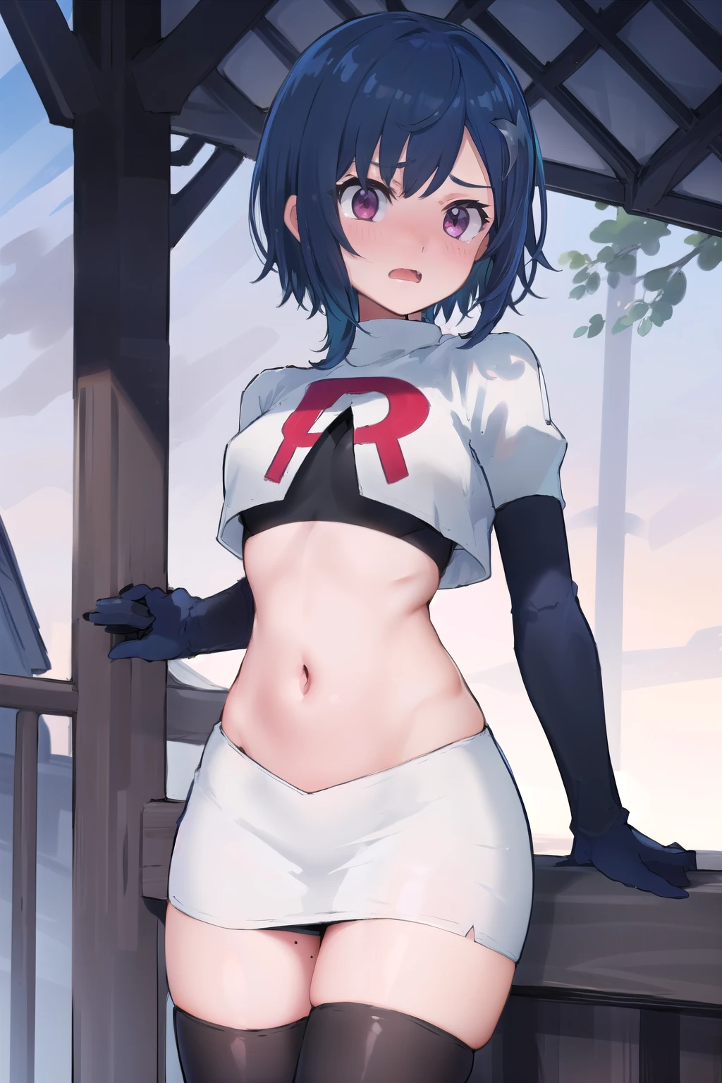 (masterpiece), (best quality),  1girl, solo, fang, blue hair, skin fang, short hair, hair behind ear, purple eyes, team rocket,team rocket uniform,white skirt,red letter R,crop top,black thigh-highs,black elbow gloves, hair ornament, medium breasts, mole on thigh, outdoors, blush, embarrassed, cowboy shot