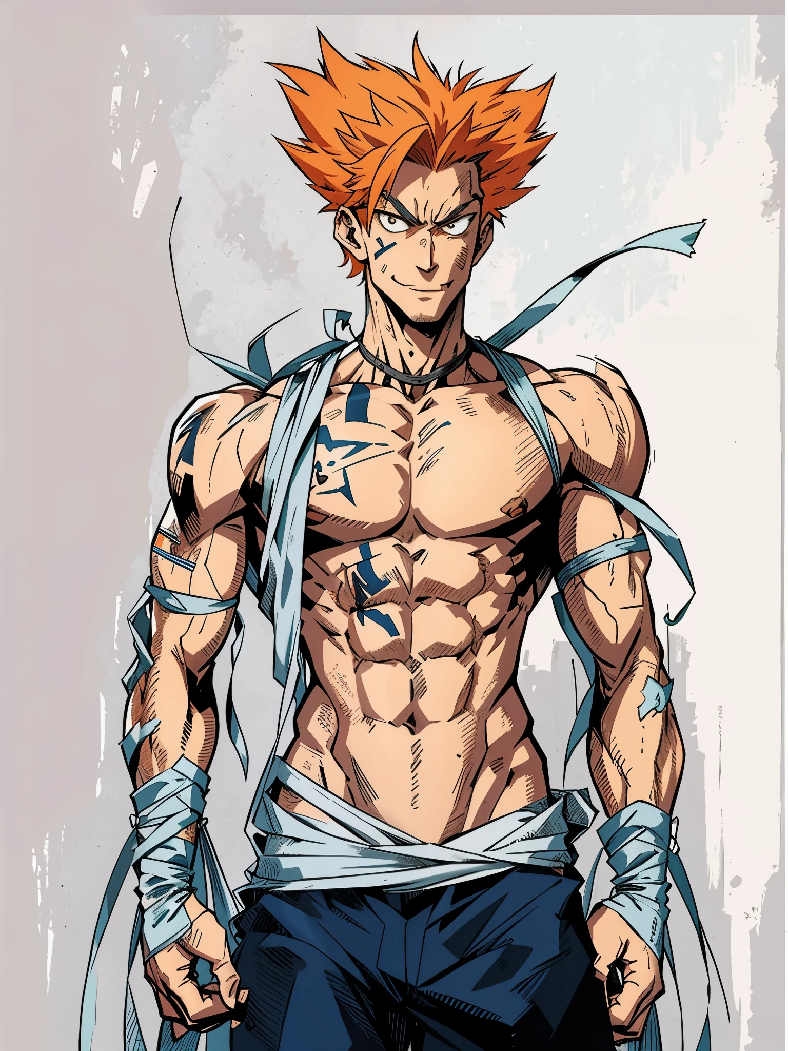 a close up of a man with a shirt on and a tie around his waist, manga character, boku no hero academia, garou, anime, one punch, 1man, bondage wrap around body, bondage, male focus, solo, aura, portrait, evil smile, looking at viewer, walking menacingly, facing the viewer, facing front, orange hair, bloods, lots of bloods, slim, bondage around his wrist and arms