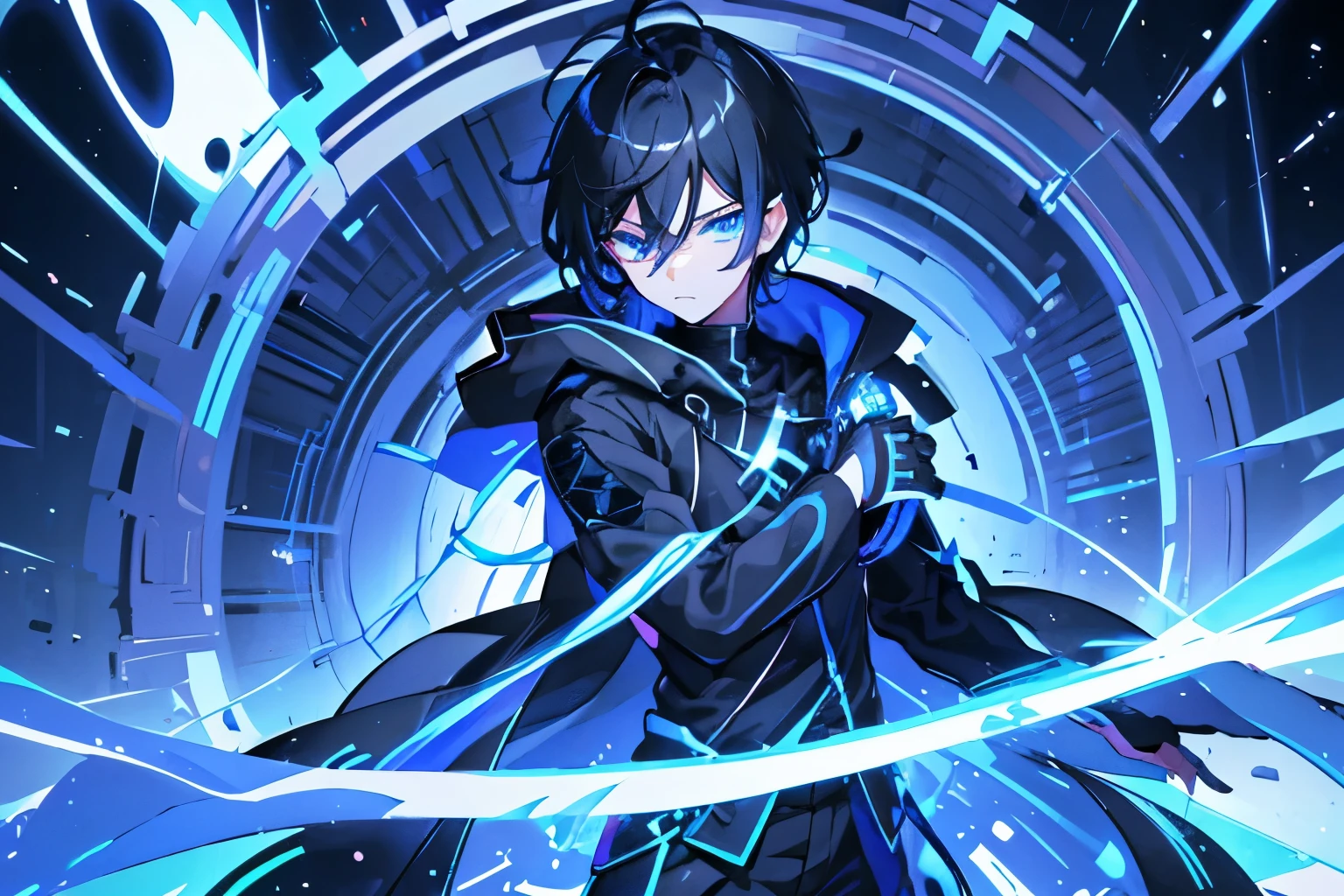 High resolution,close range、Anime boy with black hair and blue eyes looking at the camera, Glowing blue eyes,slim, Wearing black clothing,Shadow Body,Monochrome,My hair is messy,Rage、Diagonal angle