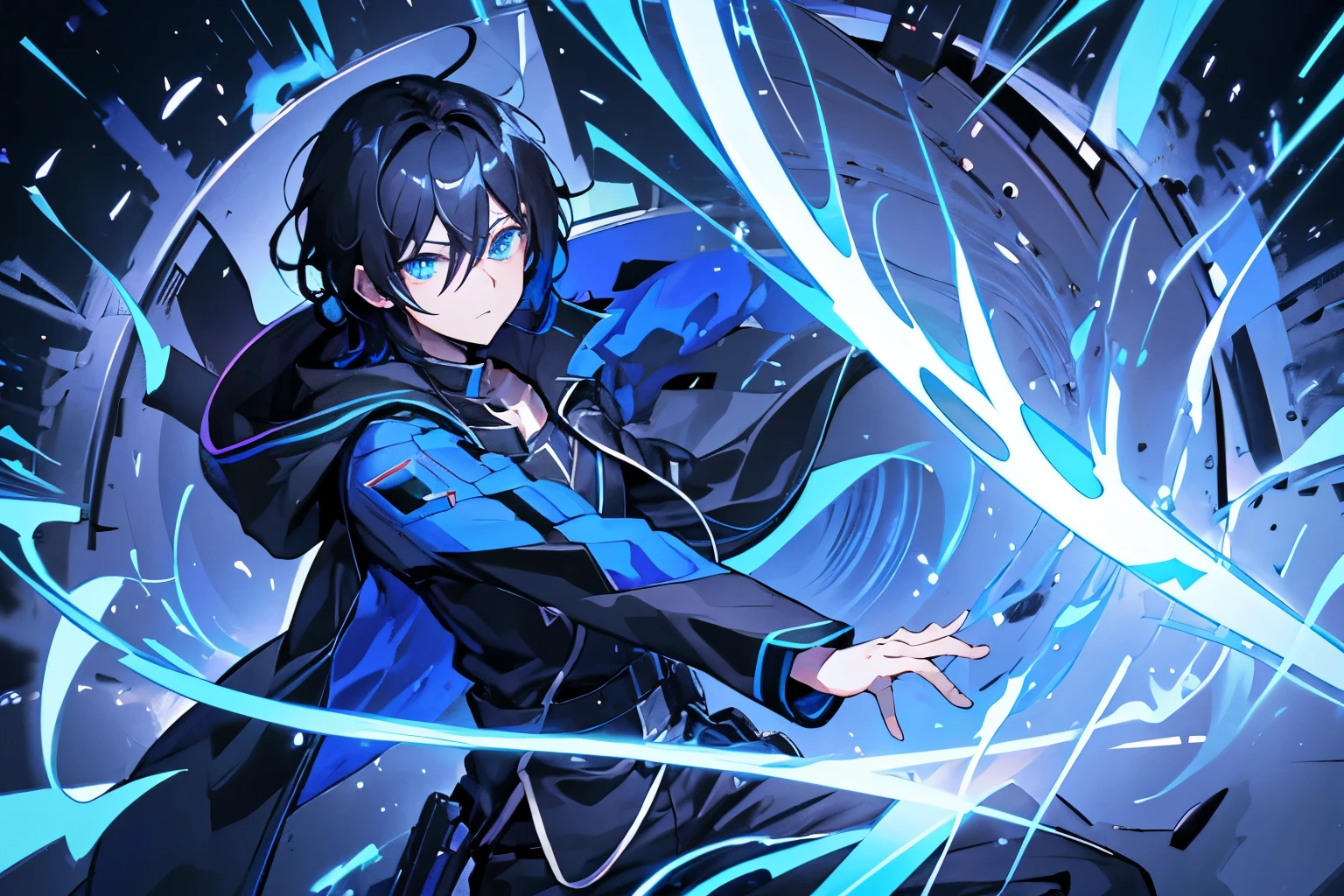 High resolution,close range、Anime boy with black hair and blue eyes looking at the camera, Glowing blue eyes,slim, Wearing black clothing,Shadow Body,Monochrome,My hair is messy,Rage、Diagonal angle